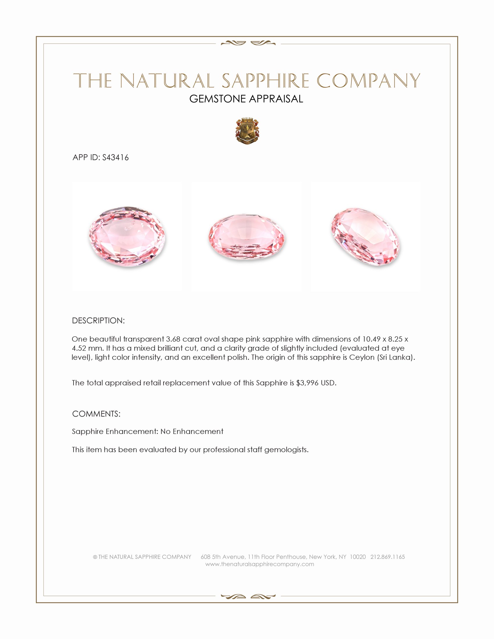 3.68 Ct. Pink Sapphire from Ceylon (Sri Lanka)