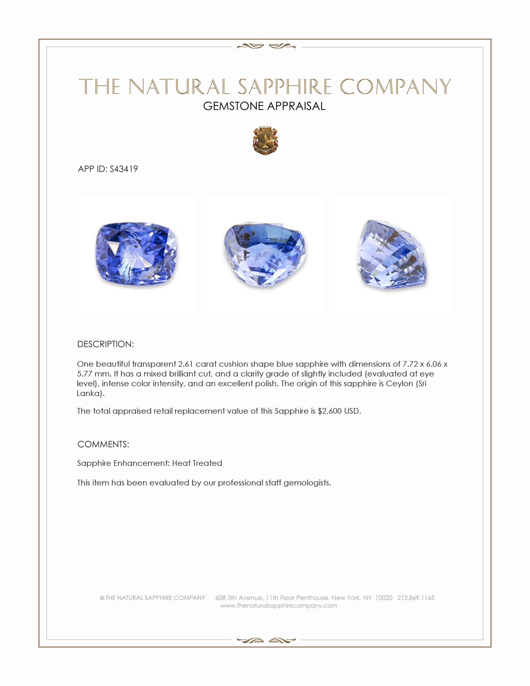 2.61 Ct. Blue Sapphire from Ceylon (Sri Lanka)