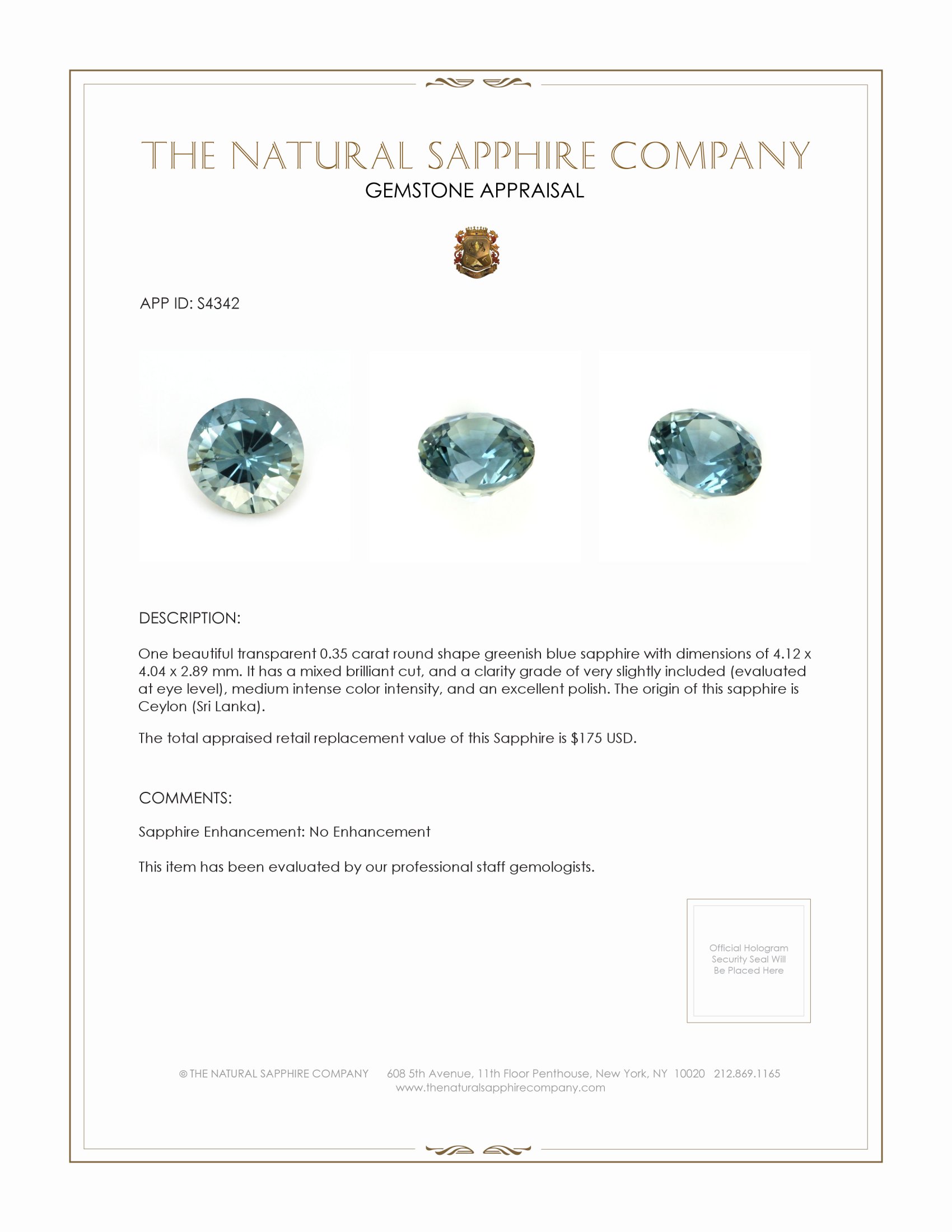 0.35 Ct. Greenish Blue Sapphire from Ceylon (Sri Lanka)