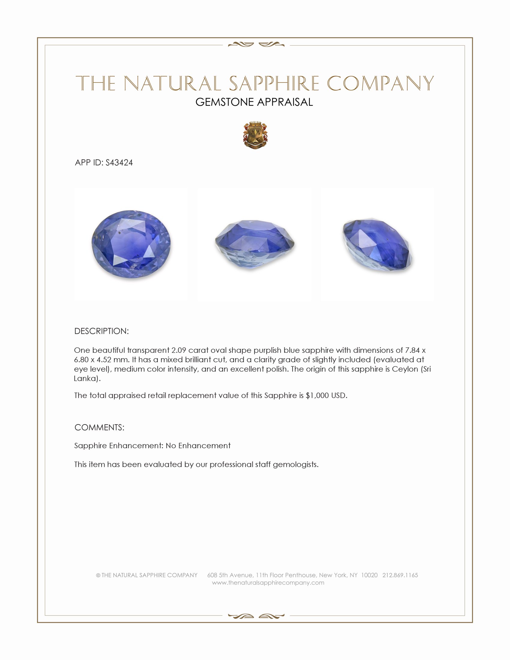 2.09 Ct. Purplish Blue Sapphire from Ceylon (Sri Lanka)