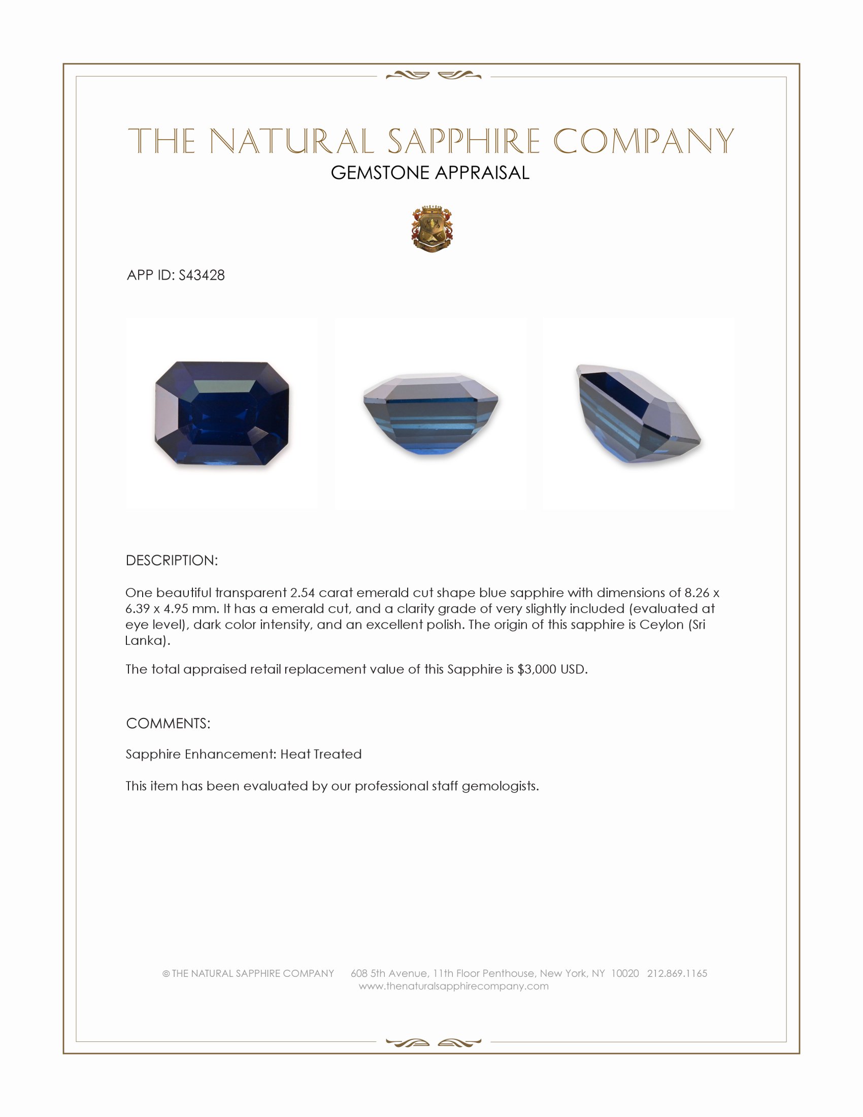 2.54 Ct. Blue Sapphire from Ceylon (Sri Lanka)