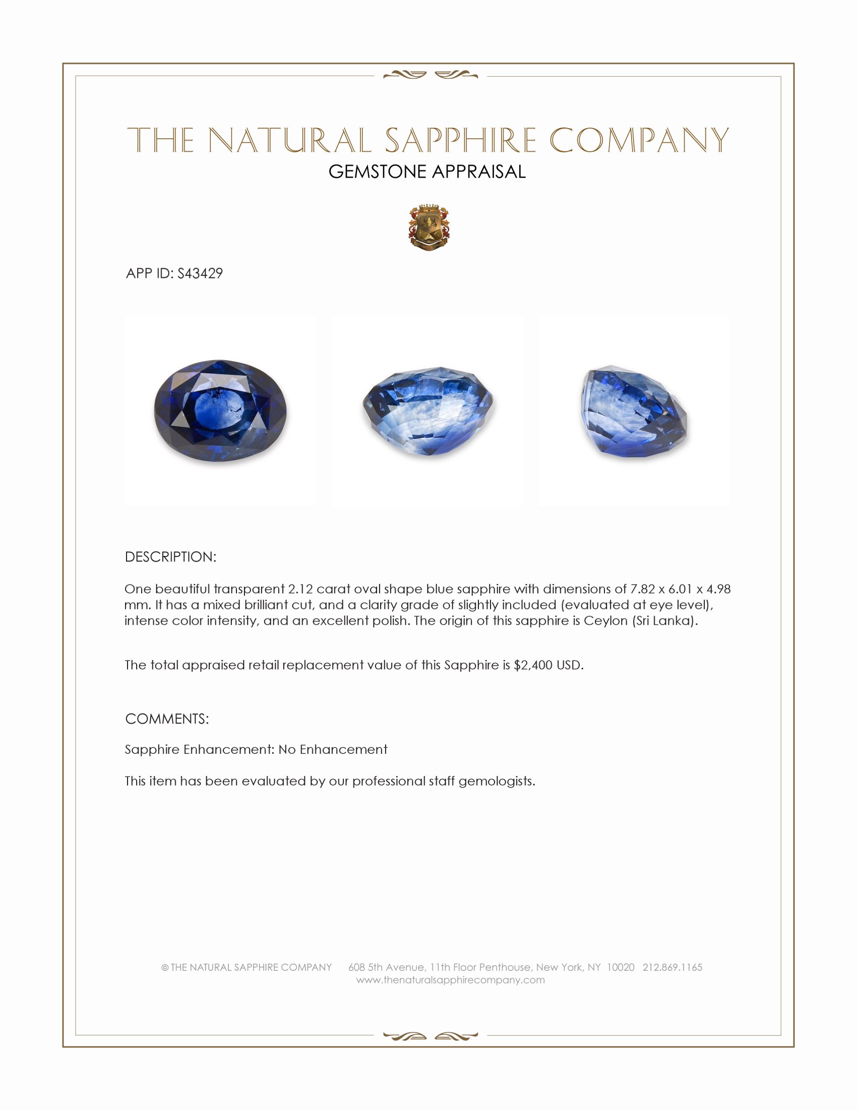 2.12 Ct. Blue Sapphire from Ceylon (Sri Lanka)