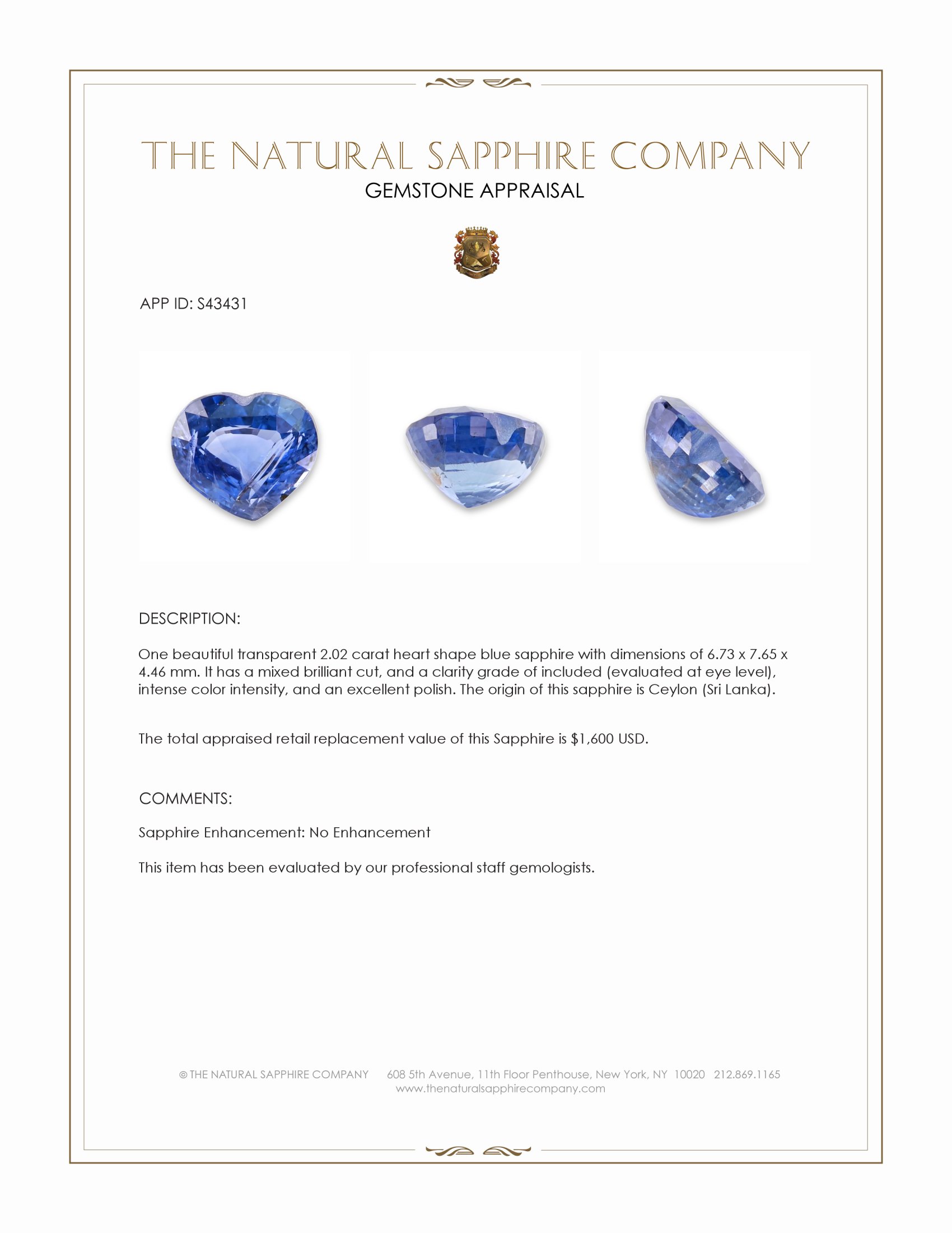 2.02 Ct. Blue Sapphire from Ceylon (Sri Lanka)