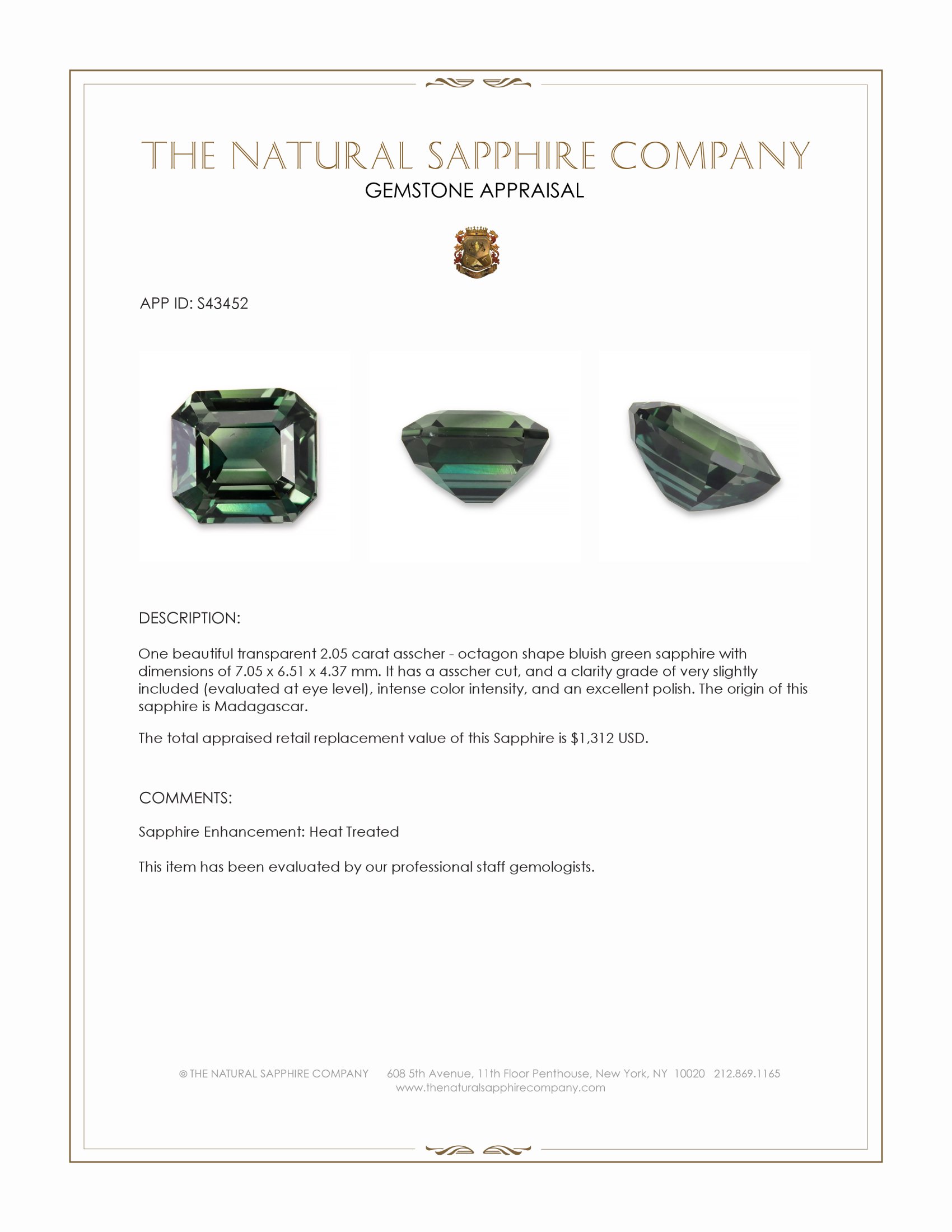 2.05 Ct. Bluish Green Sapphire from Madagascar