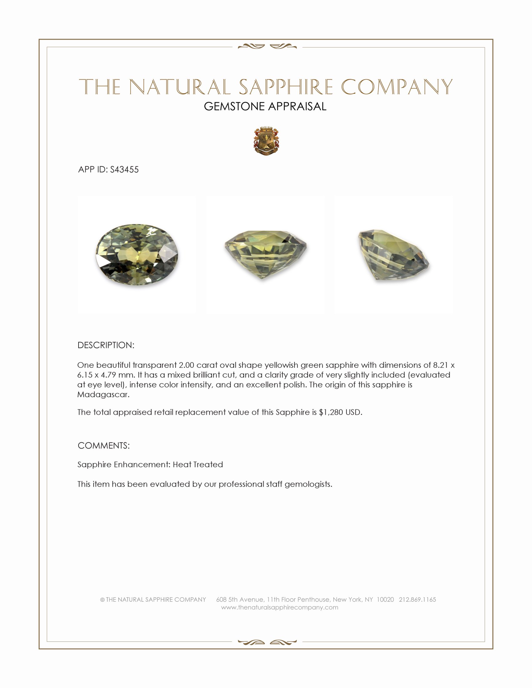 2.00 Ct. Yellowish Green Sapphire from Madagascar