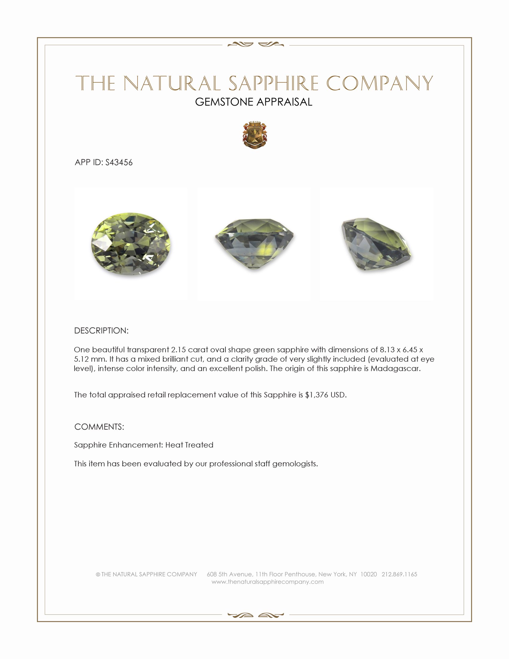 2.15 Ct. Green Sapphire from Madagascar