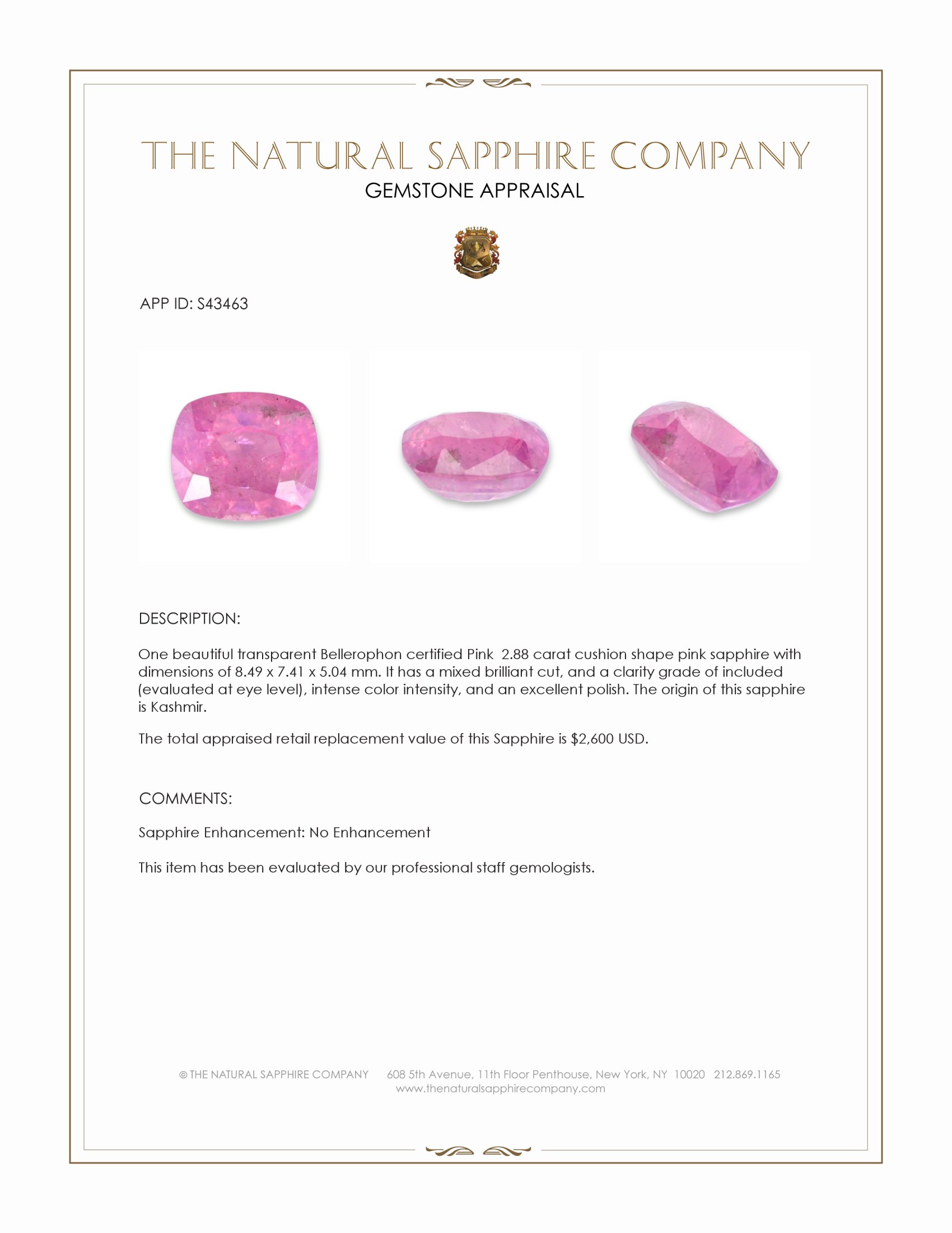 2.88 Ct. Pink Sapphire from Kashmir