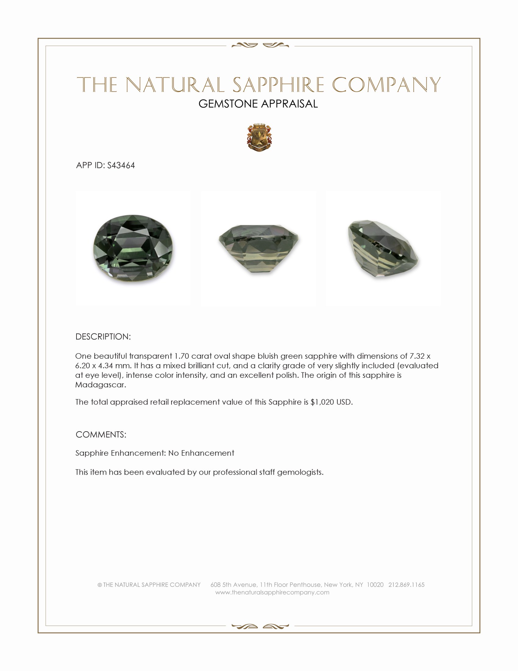 1.70 Ct. Bluish Green Sapphire from Madagascar