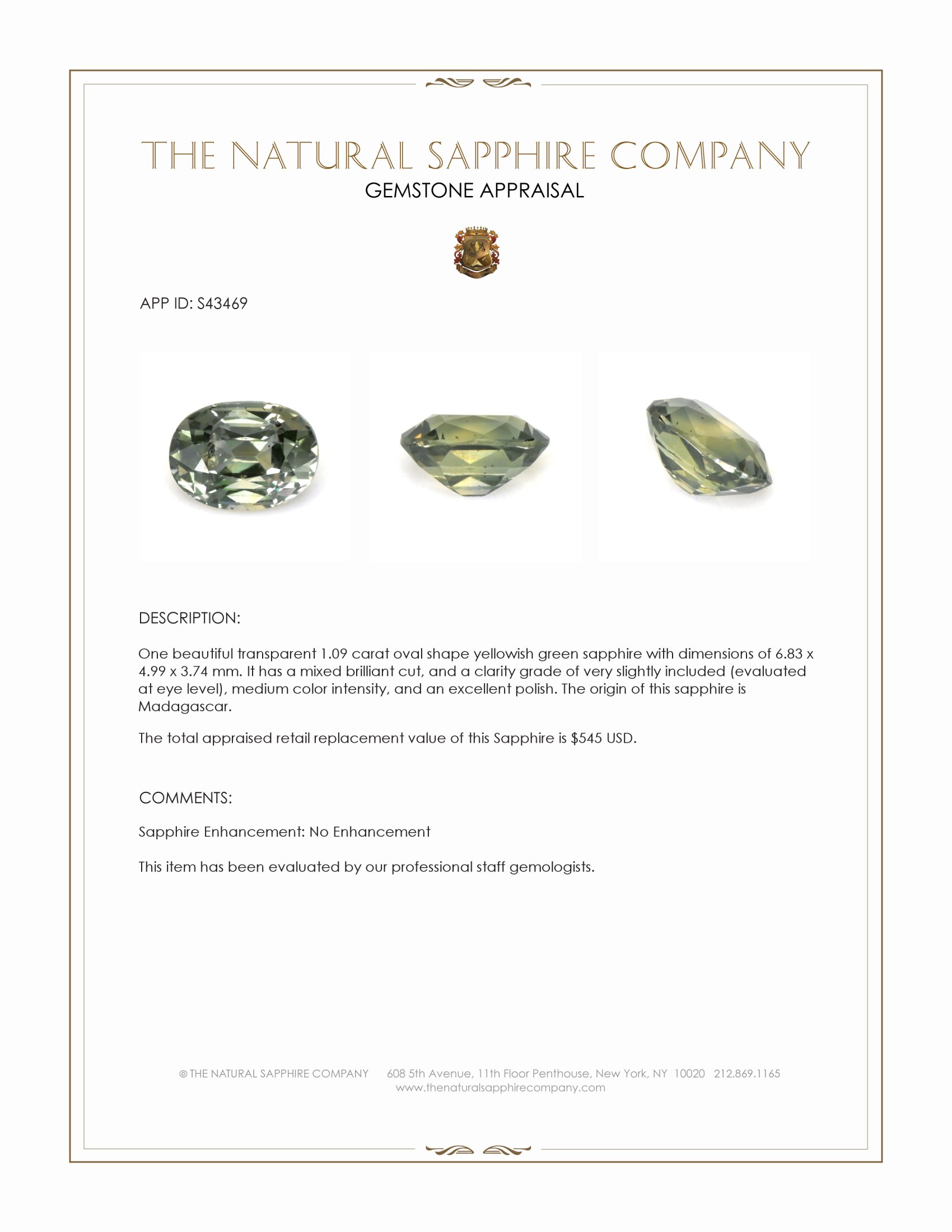 1.09 Ct. Yellowish Green Sapphire from Madagascar