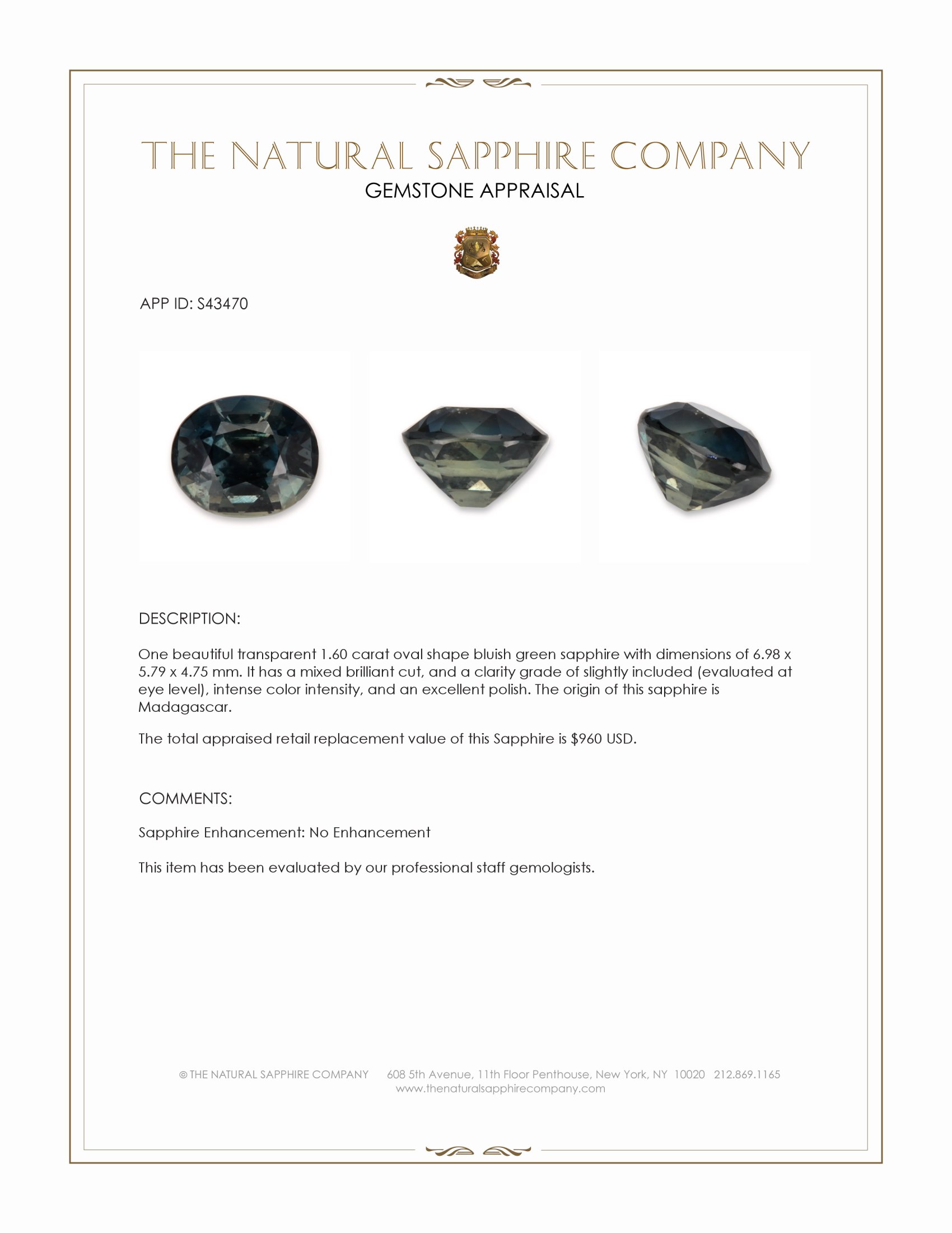 1.60 Ct. Bluish Green Sapphire from Madagascar