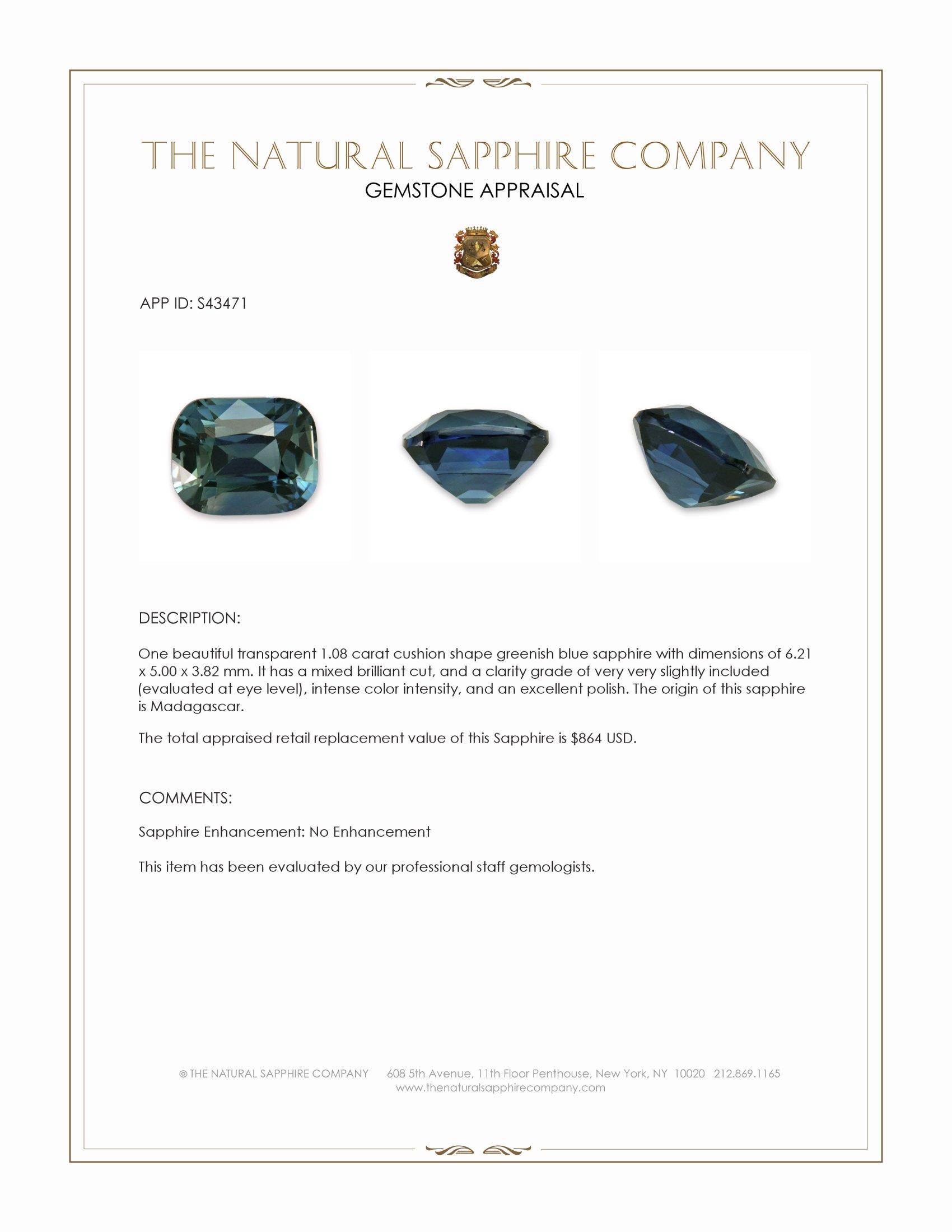 1.08 Ct. Greenish Blue Sapphire from Madagascar