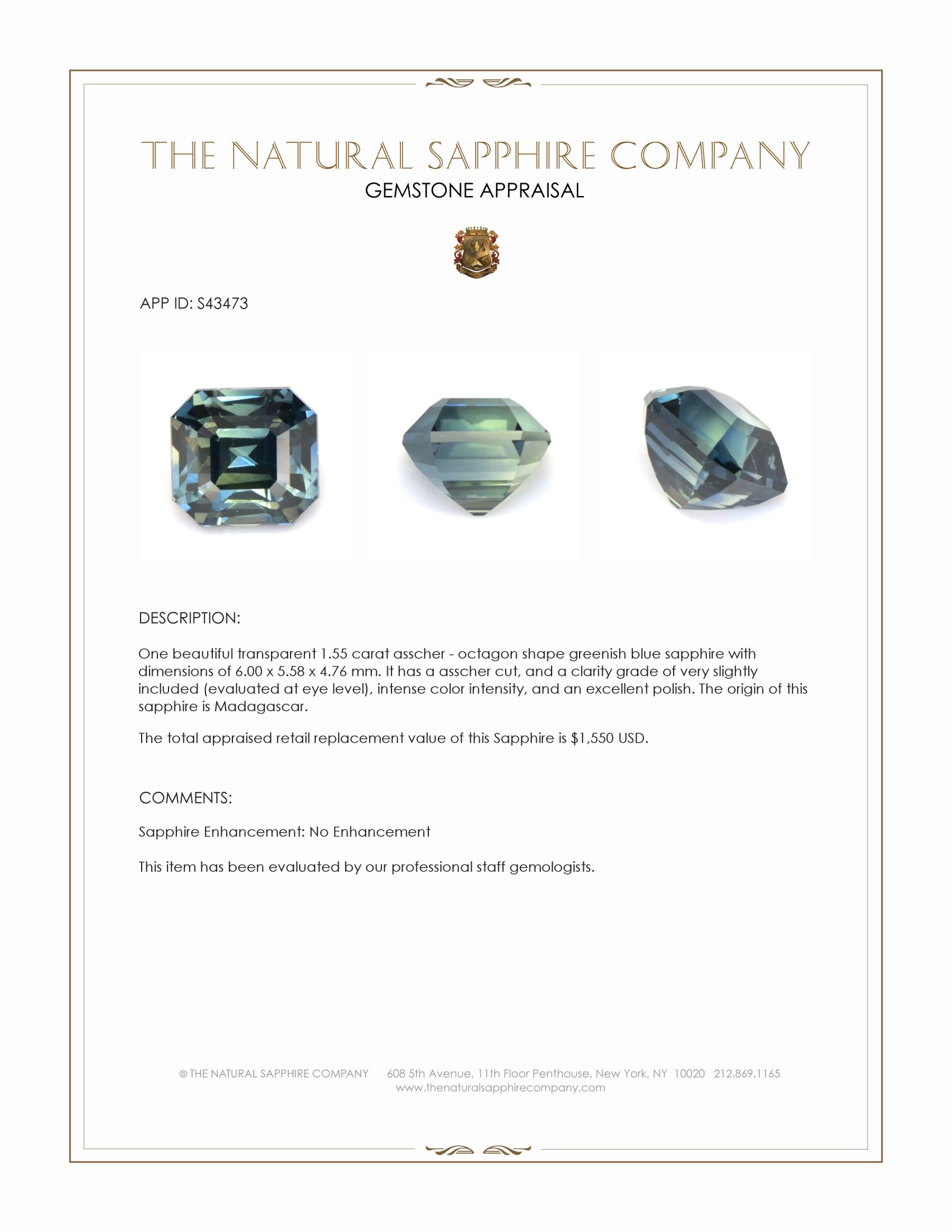 1.55 Ct. Greenish Blue Sapphire from Madagascar