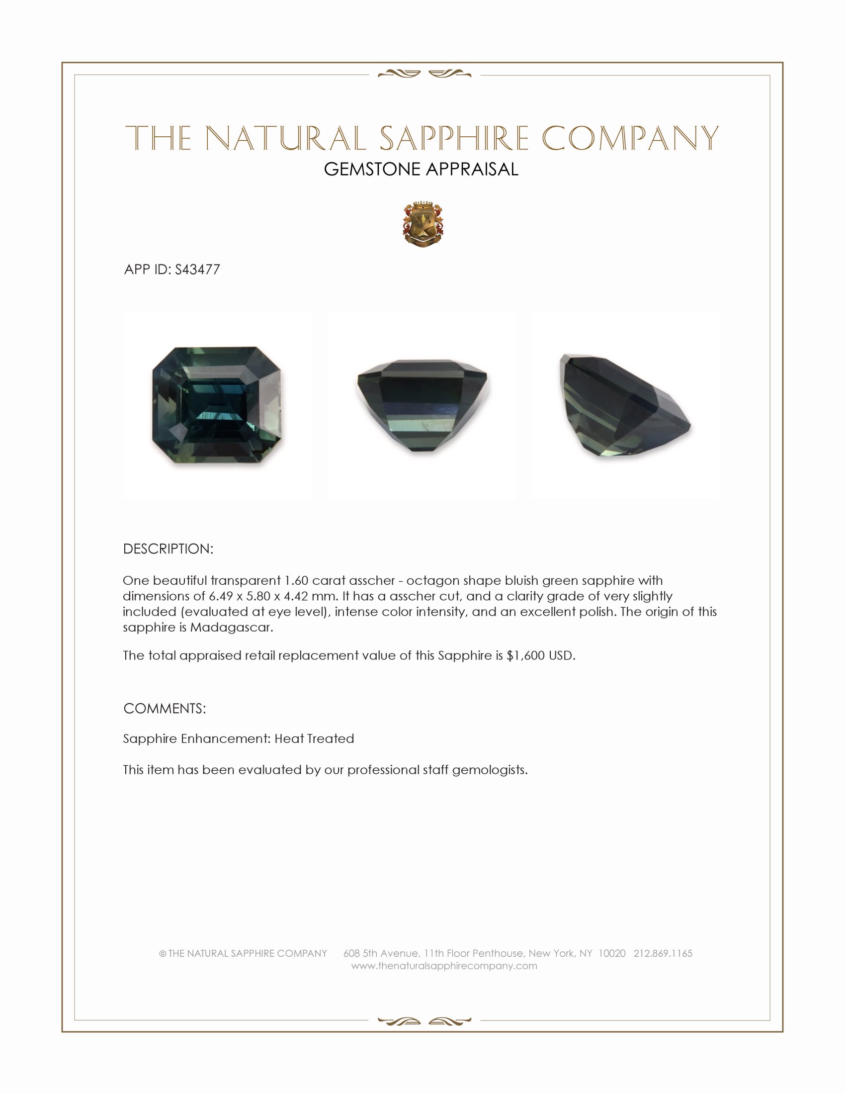 1.60 Ct. Bluish Green Sapphire from Madagascar