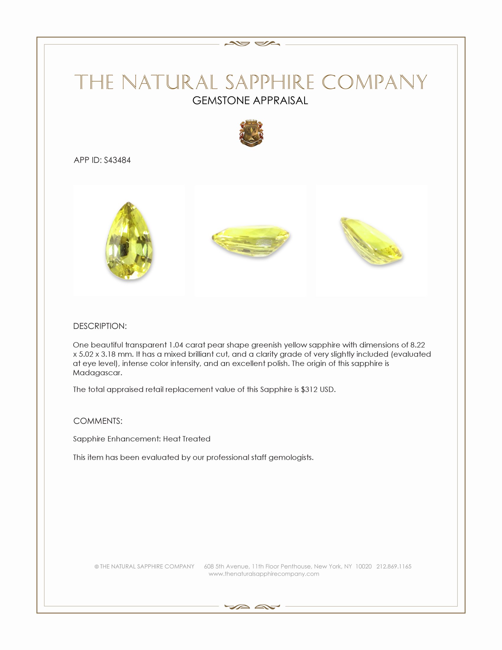1.04 Ct. Greenish Yellow Sapphire from Madagascar