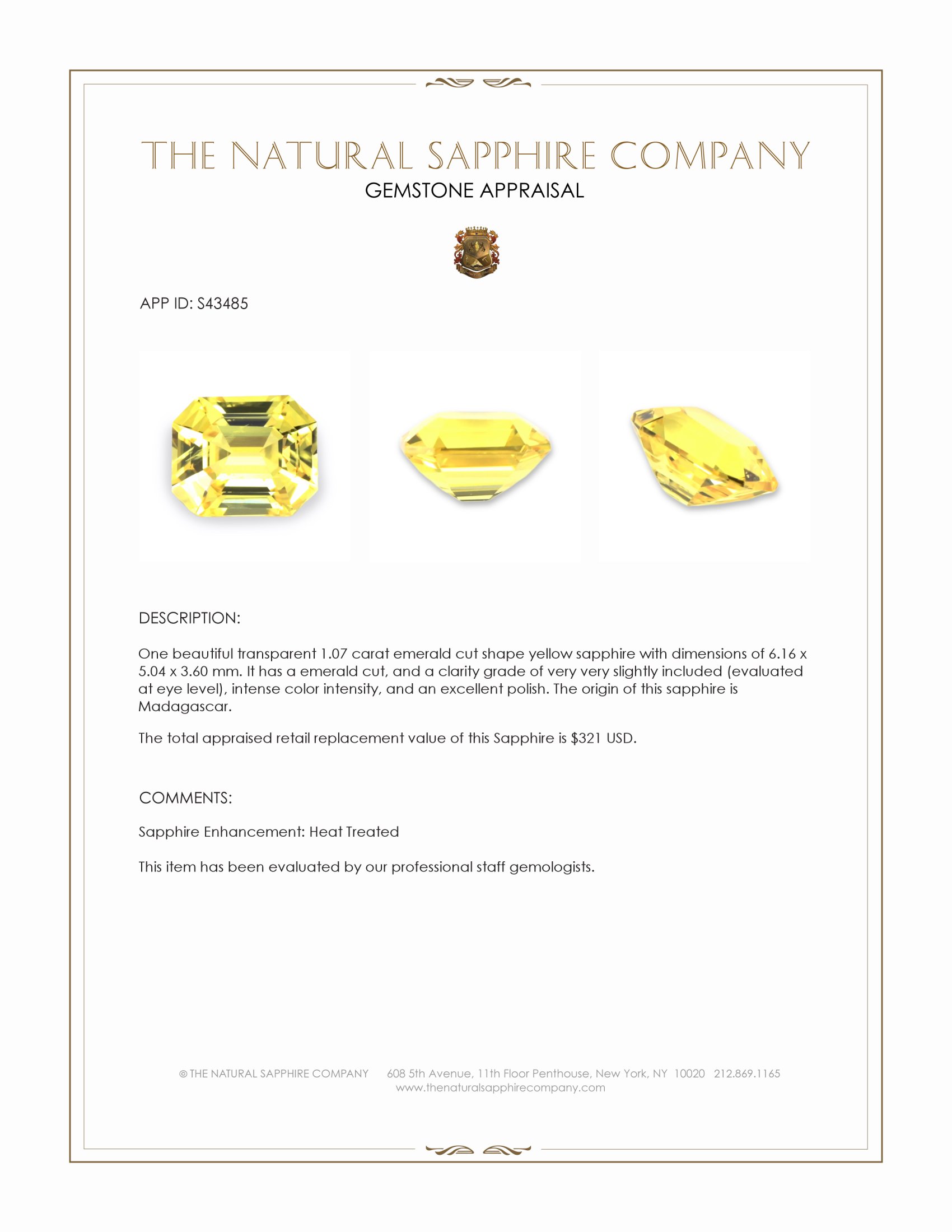 1.07 Ct. Yellow Sapphire from Madagascar
