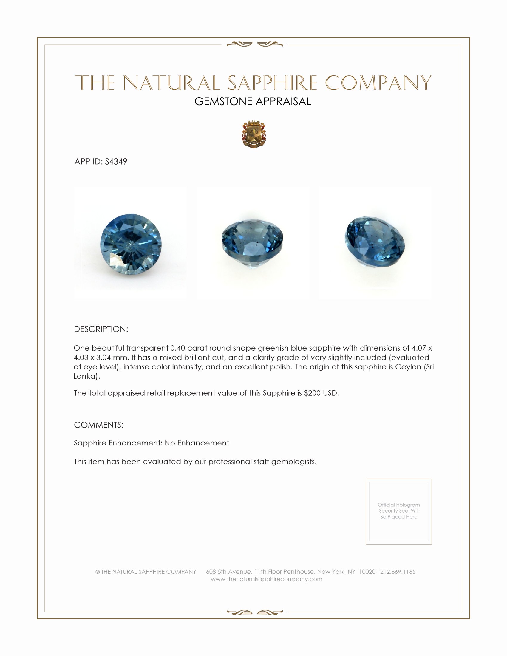 0.40 Ct. Greenish Blue Sapphire from Ceylon (Sri Lanka)