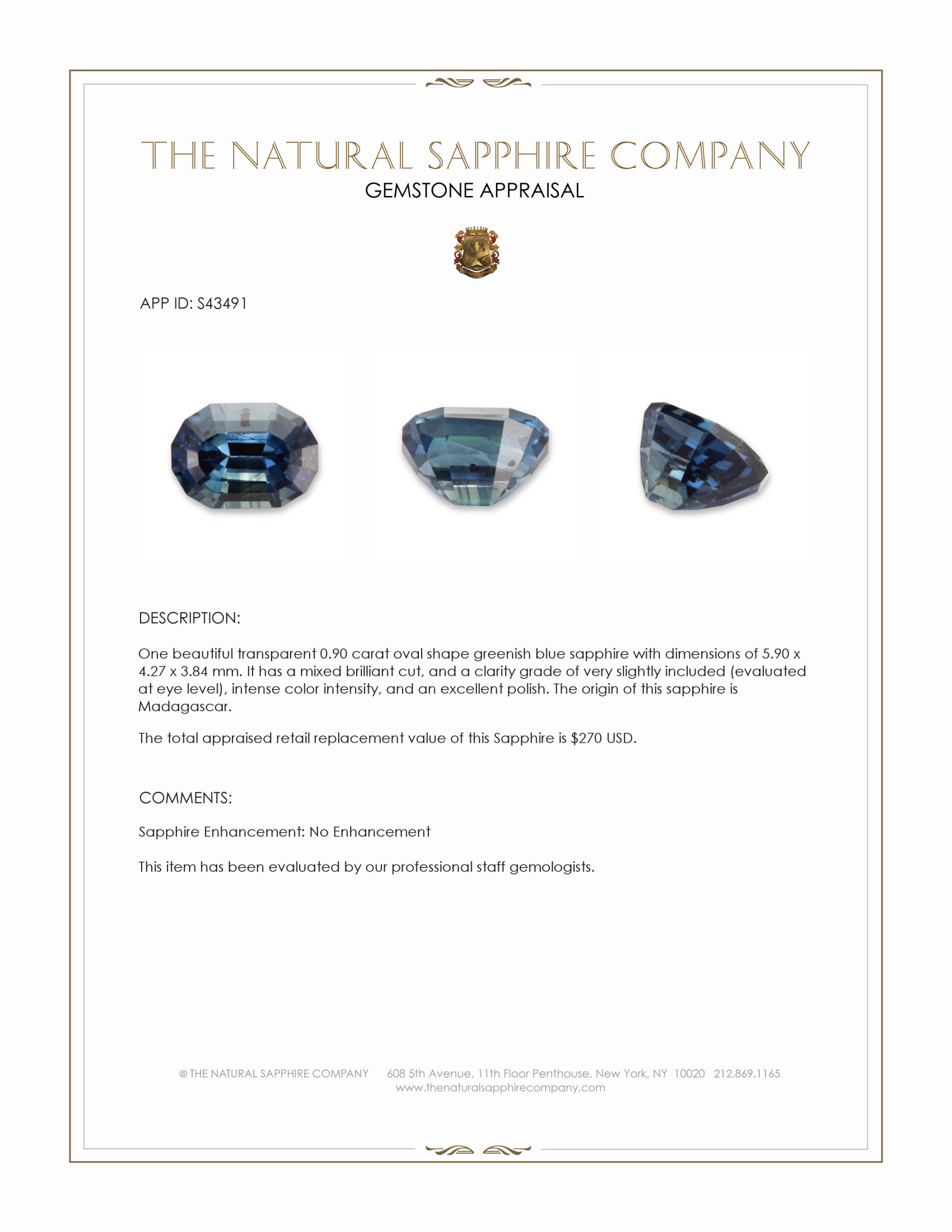 0.90 Ct. Greenish Blue Sapphire from Madagascar