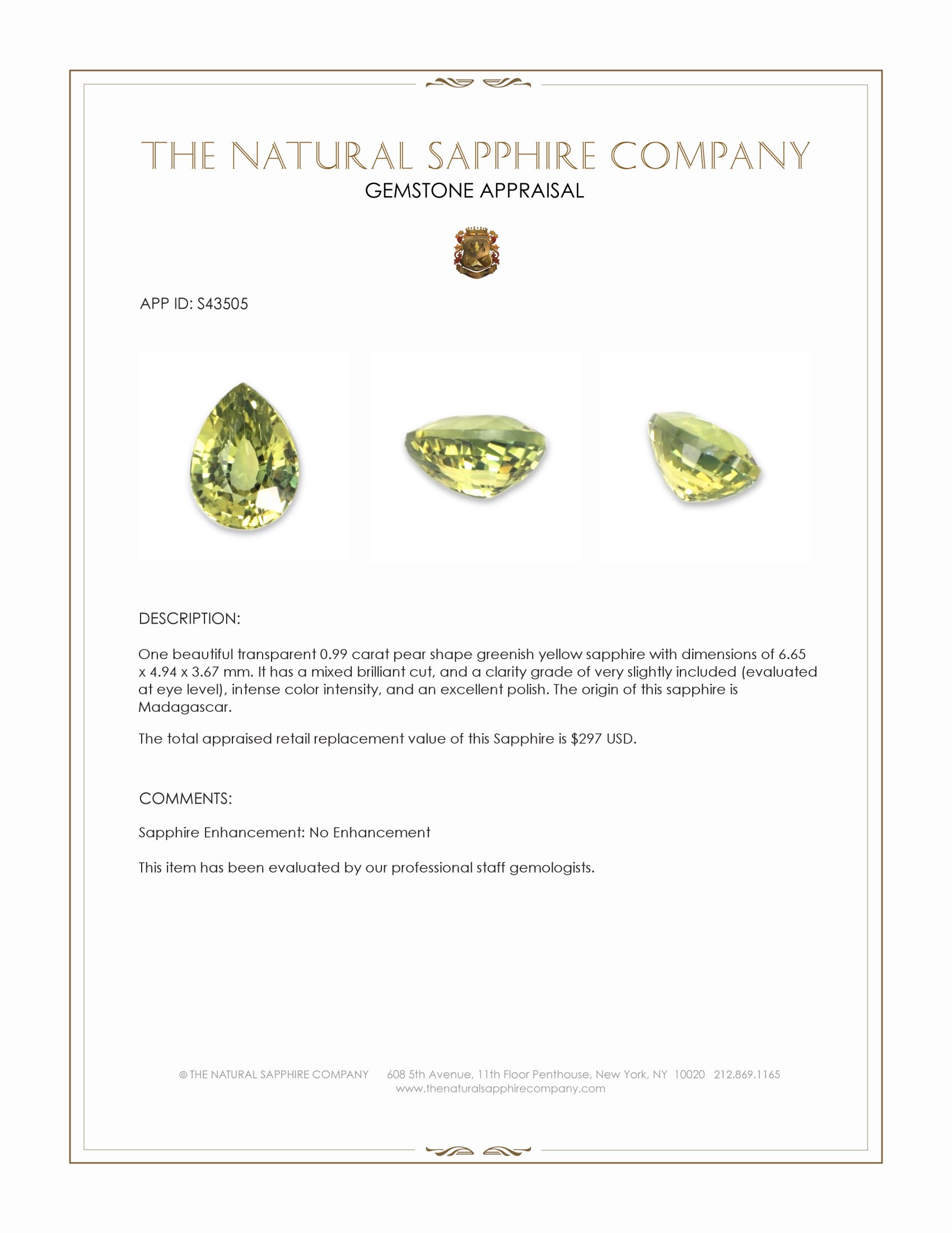 0.99 Ct. Greenish Yellow Sapphire from Madagascar