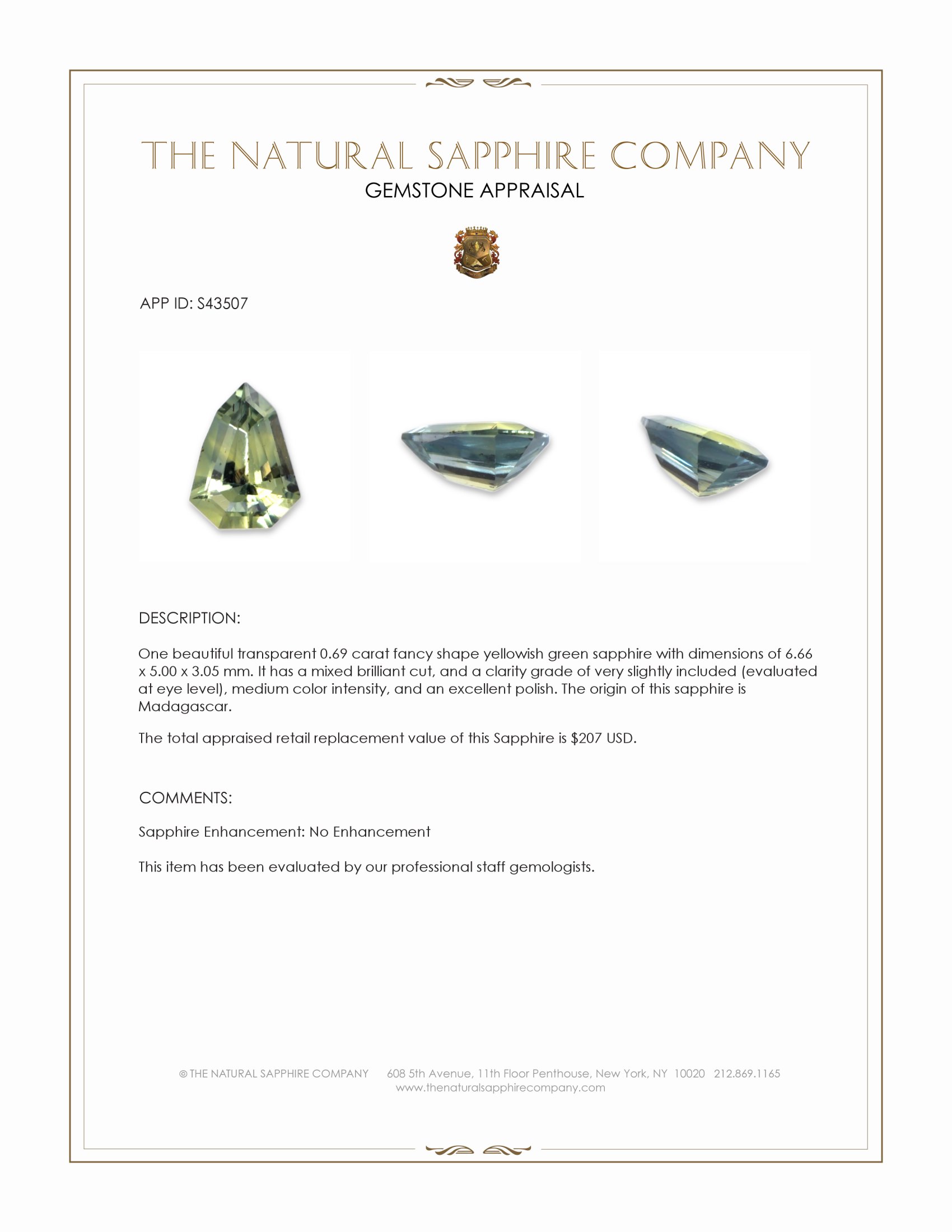 0.69 Ct. Yellowish Green Sapphire from Madagascar