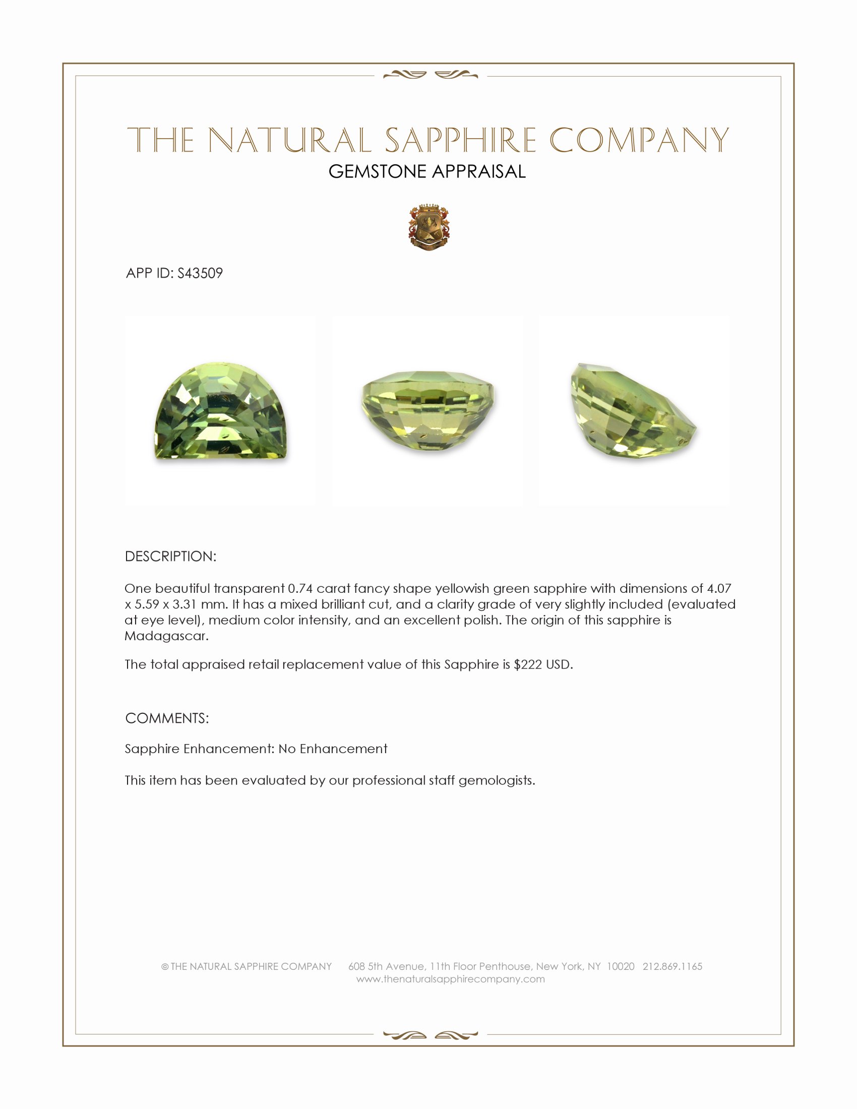 0.74 Ct. Yellowish Green Sapphire from Madagascar