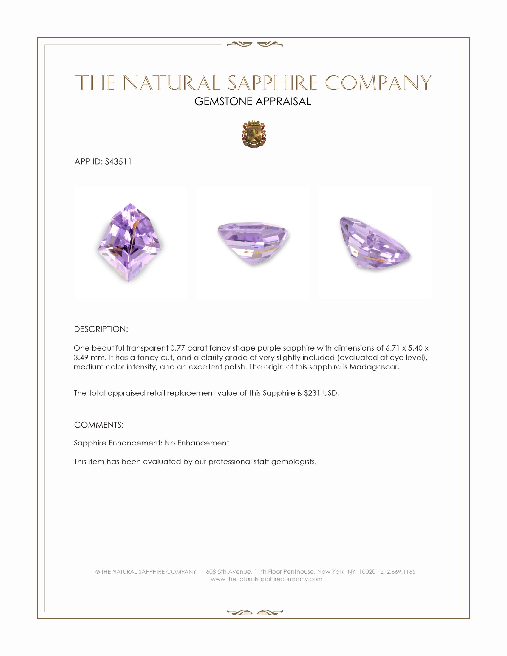 0.77 Ct. Purple Sapphire from Madagascar