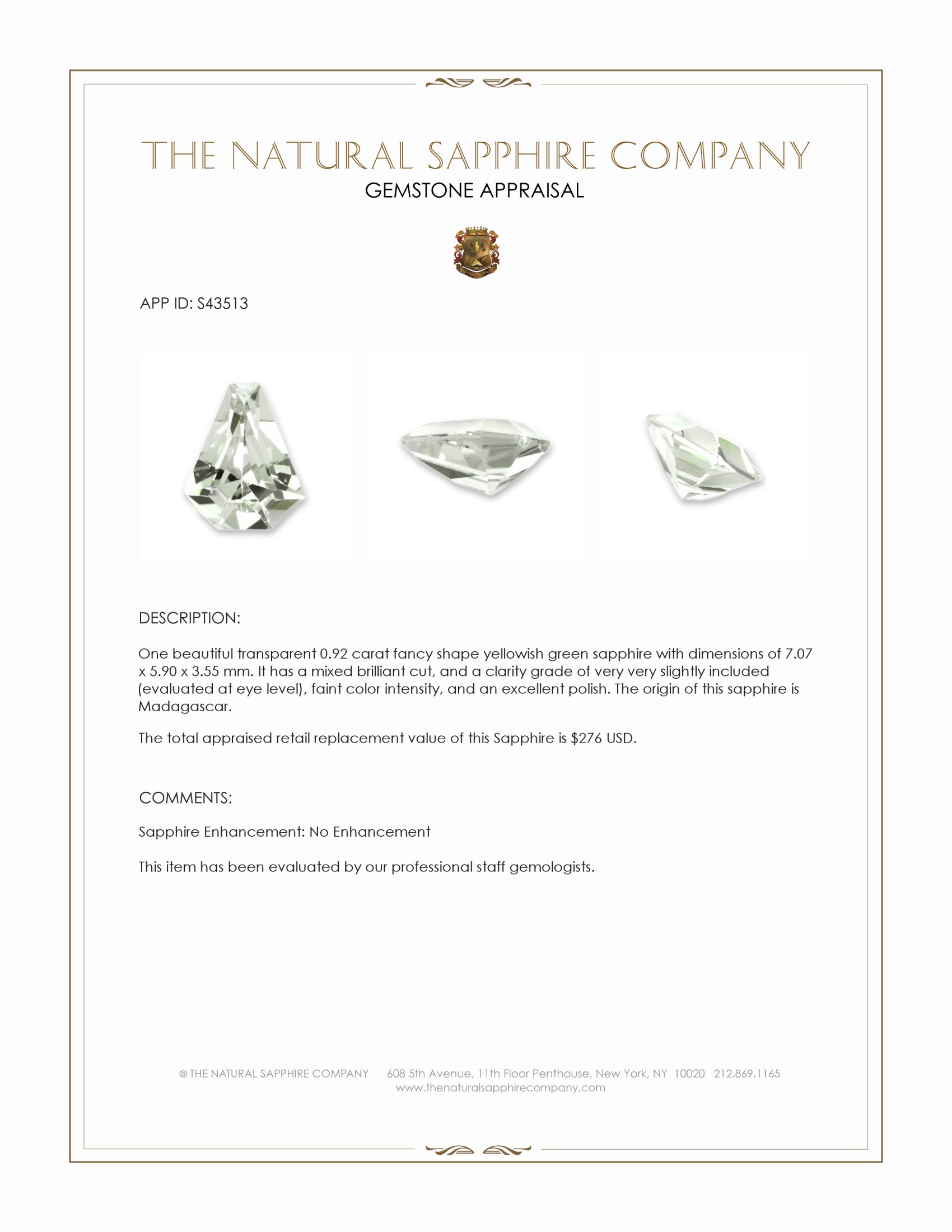0.92 Ct. Yellowish Green Sapphire from Madagascar