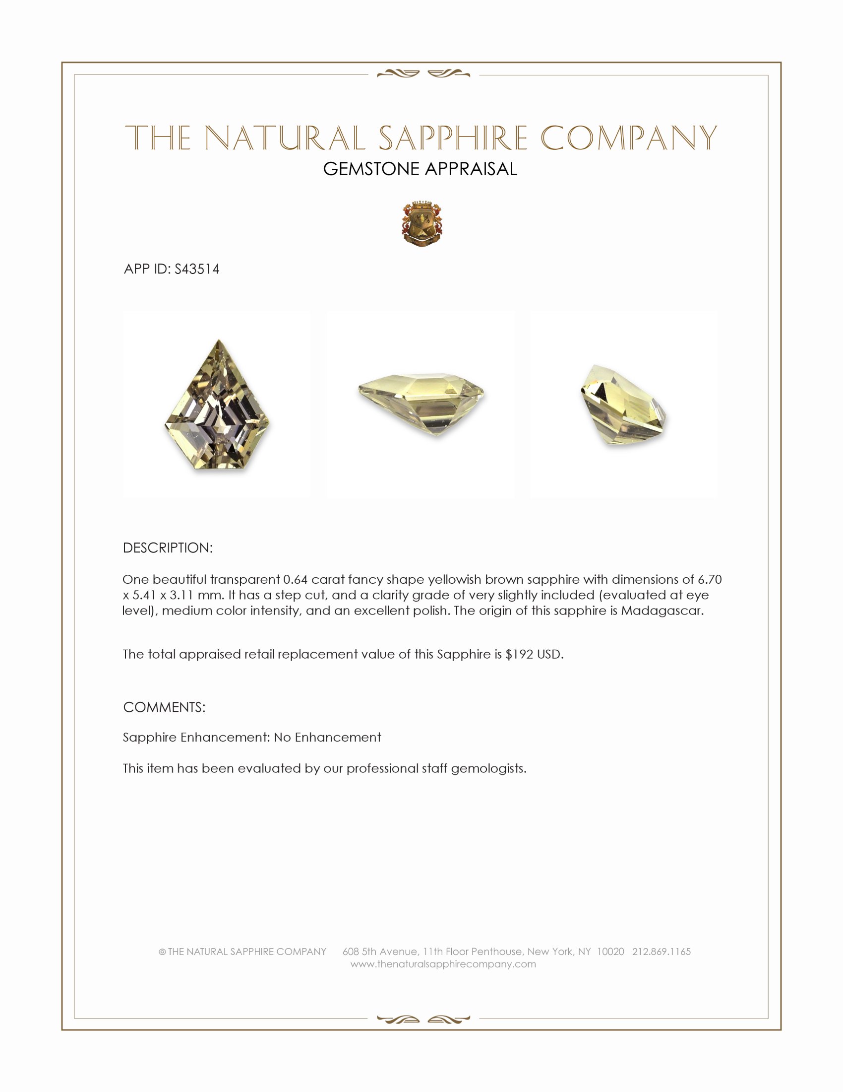 0.64 Ct. Yellowish Brown Sapphire from Madagascar