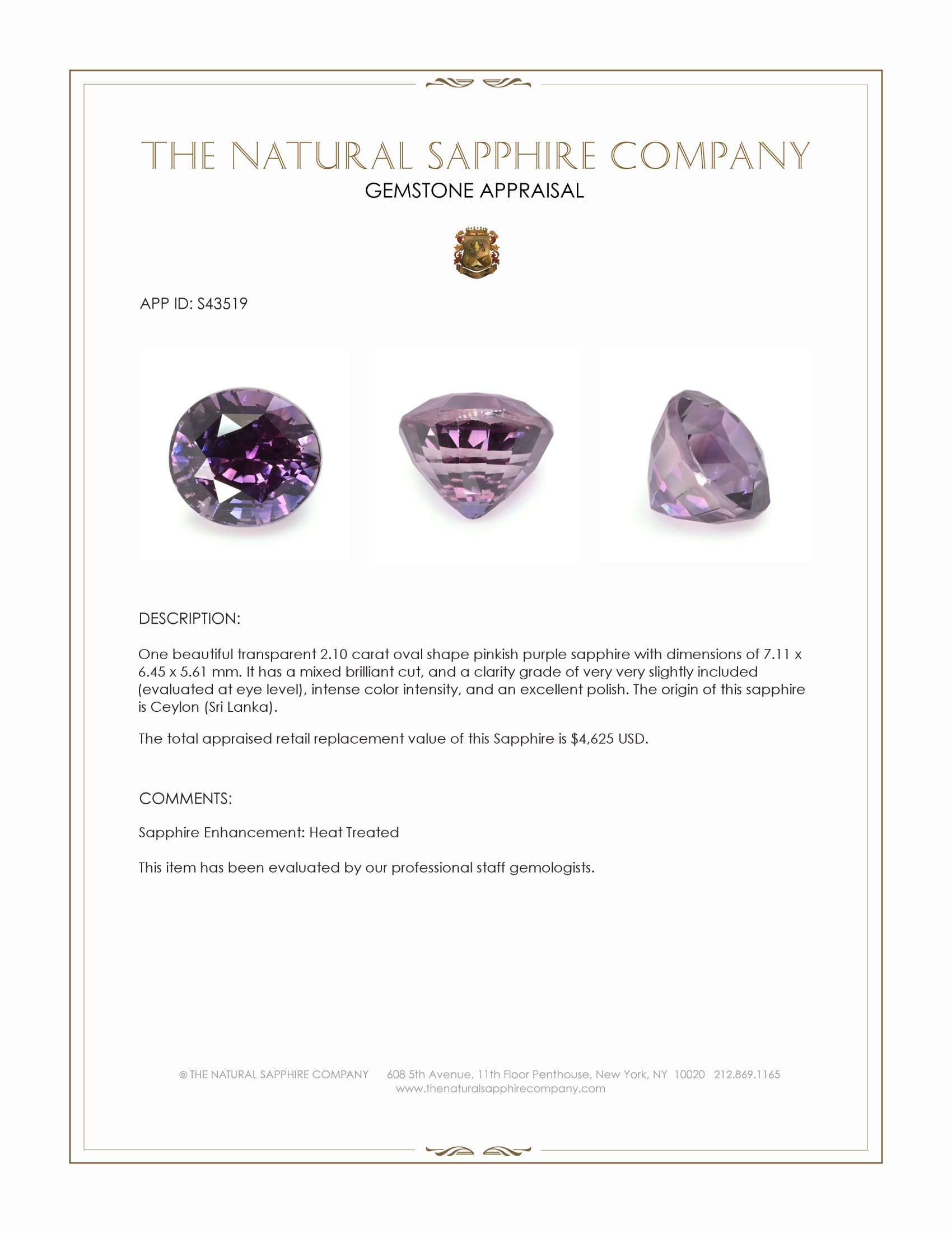 2.10 Ct. Pinkish Purple Sapphire from Ceylon (Sri Lanka)