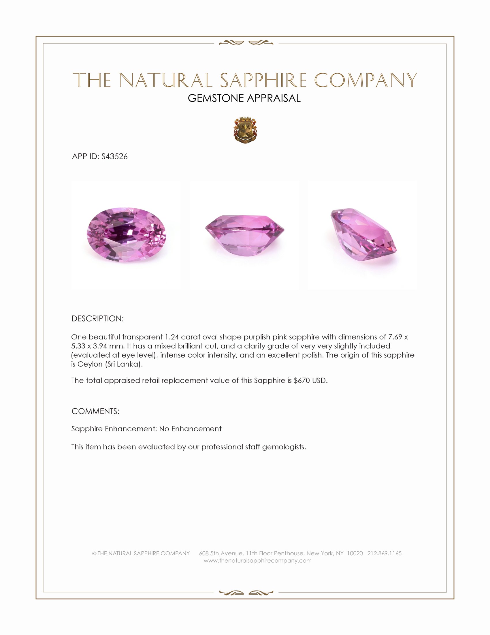 1.24 Ct. Purplish Pink Sapphire from Ceylon (Sri Lanka)