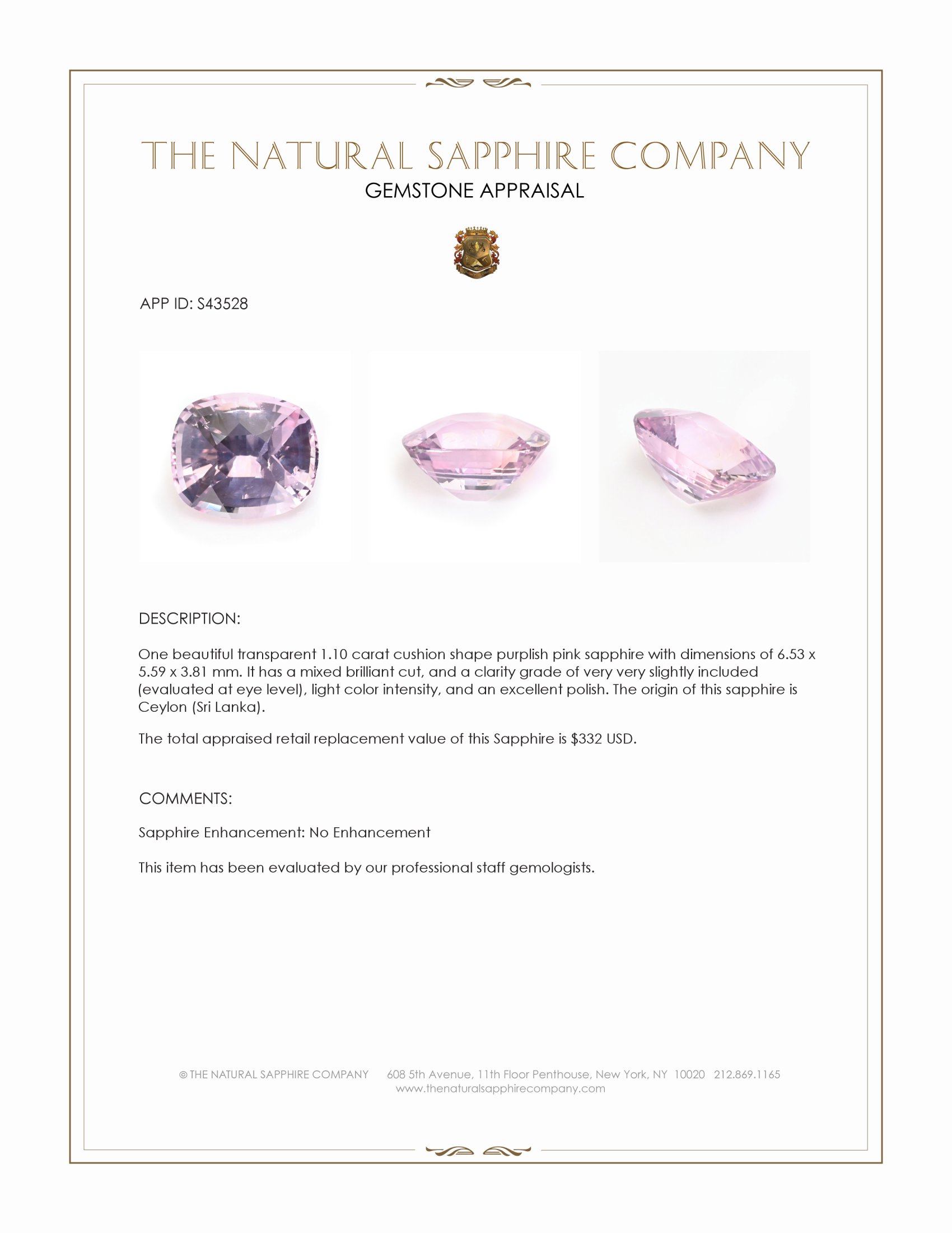 1.10 Ct. Purplish Pink Sapphire from Ceylon (Sri Lanka)