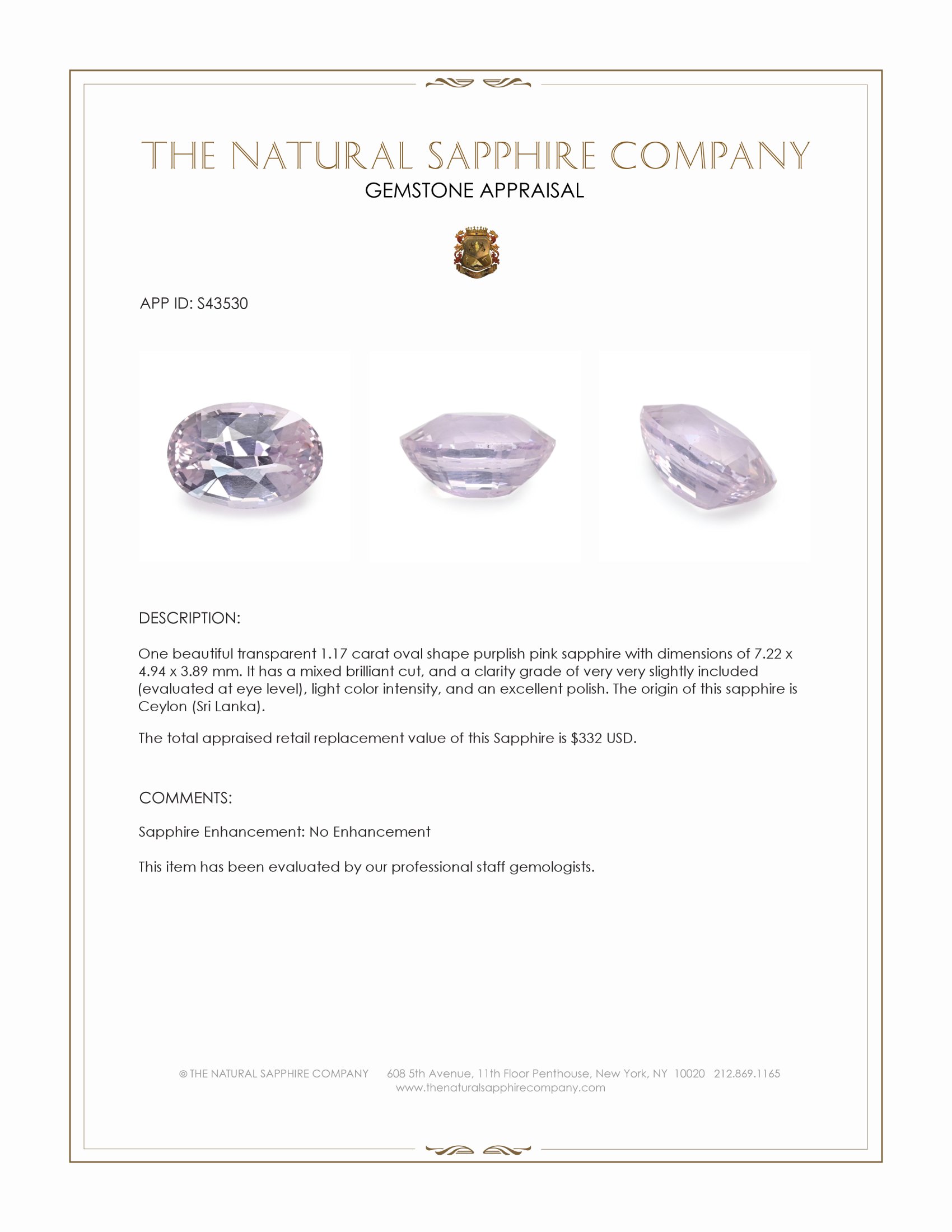 1.17 Ct. Purplish Pink Sapphire from Ceylon (Sri Lanka)