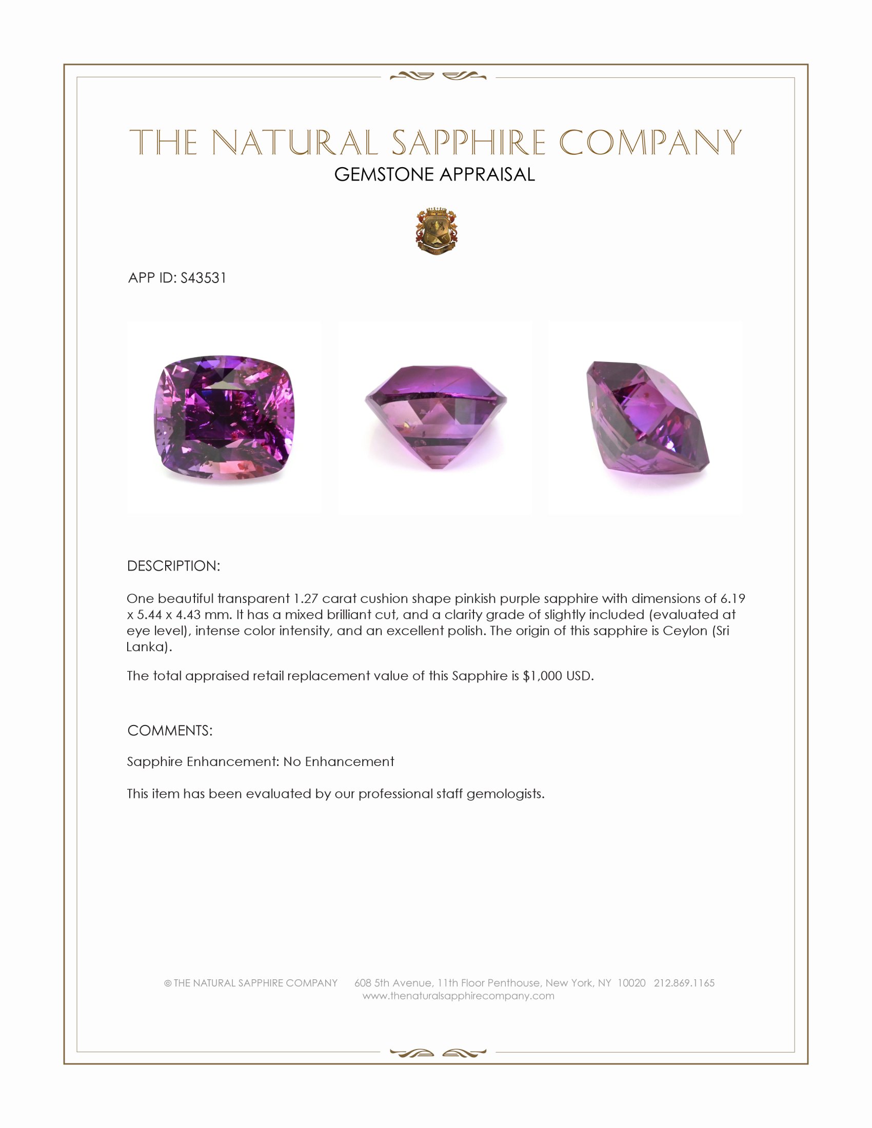 1.27 Ct. Pinkish Purple Sapphire from Ceylon (Sri Lanka)