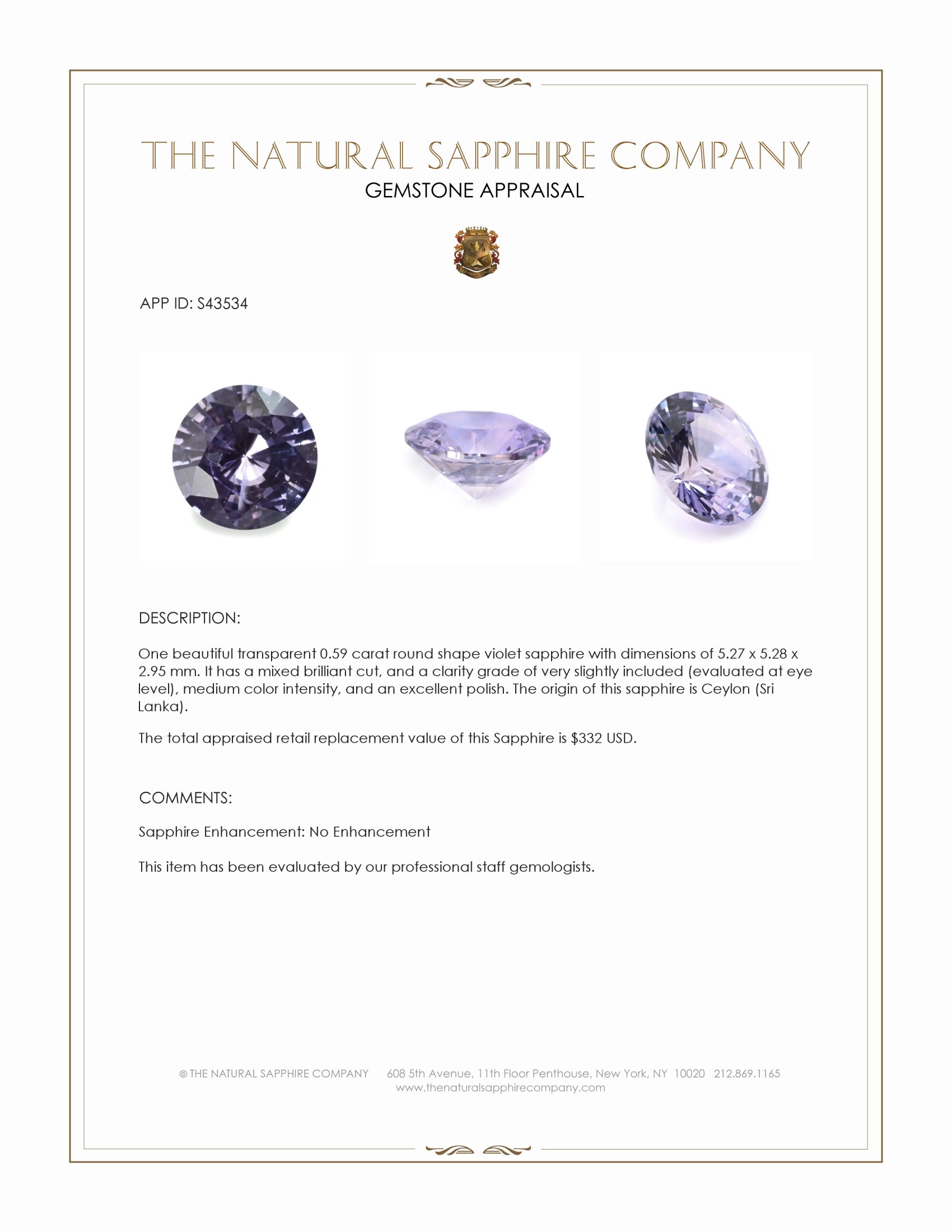 0.59 Ct. Violet Sapphire from Ceylon (Sri Lanka)