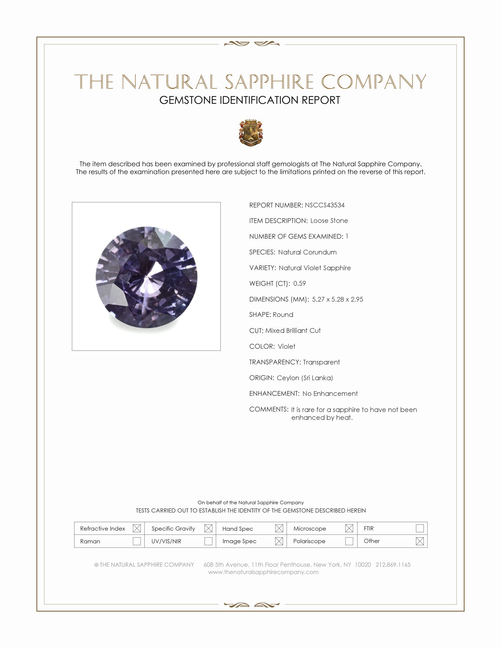 0.59 Ct. Violet Sapphire from Ceylon (Sri Lanka)