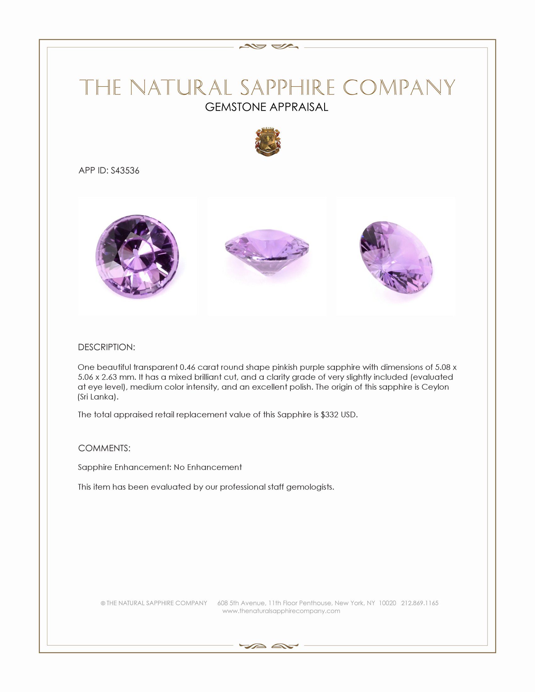 0.46 Ct. Pinkish Purple Sapphire from Ceylon (Sri Lanka)