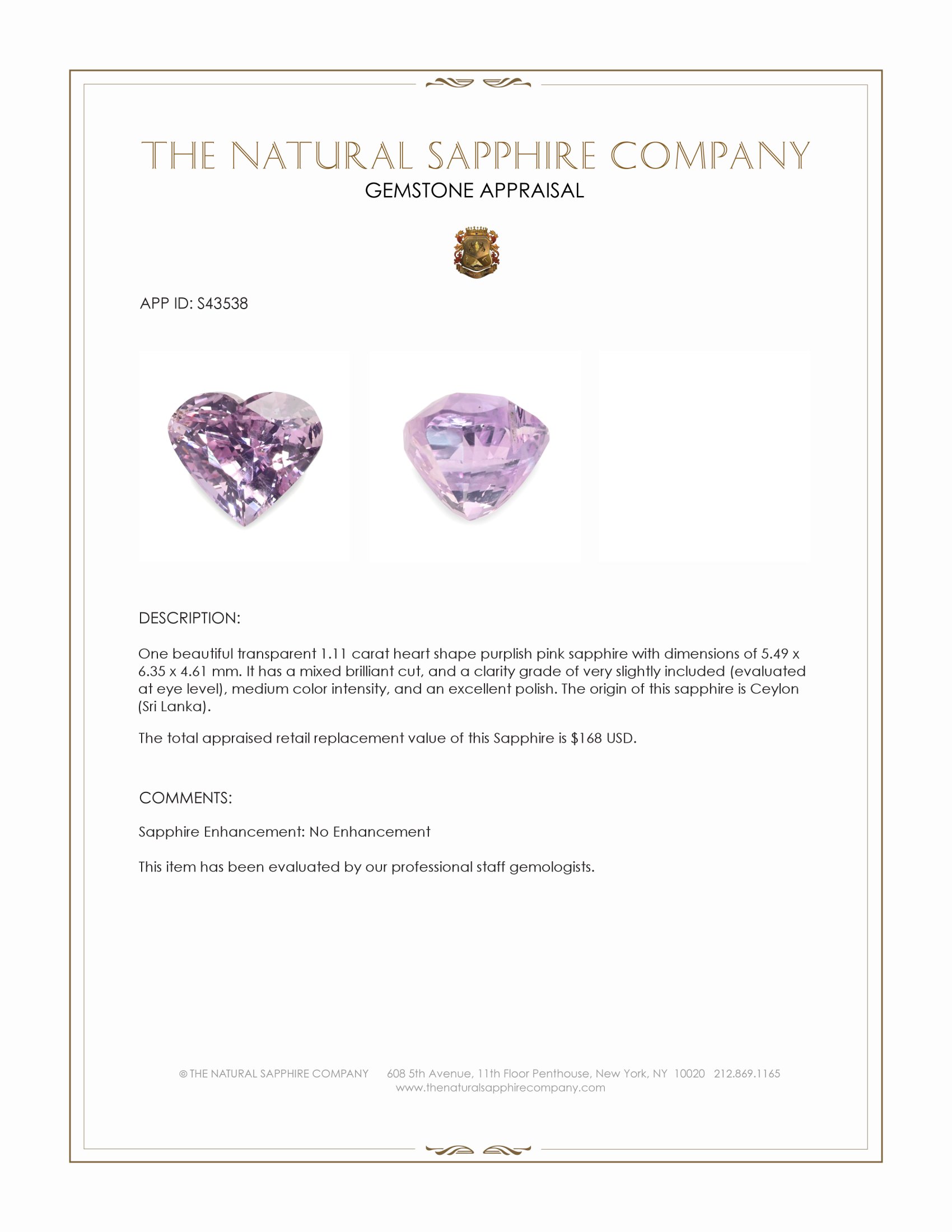 1.11 Ct. Purplish Pink Sapphire from Ceylon (Sri Lanka)