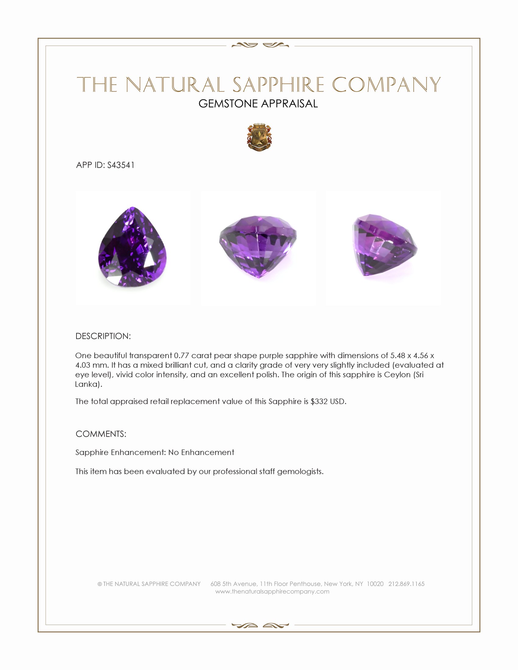 0.77 Ct. Purple Sapphire from Ceylon (Sri Lanka)