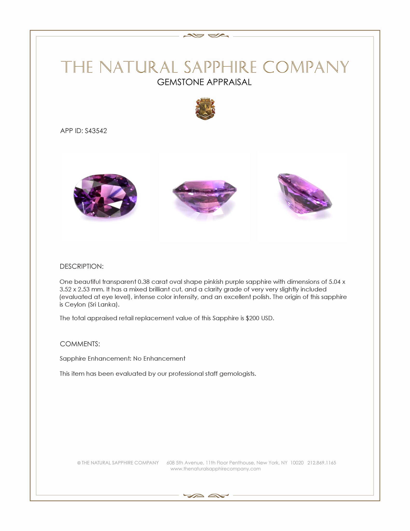 0.38 Ct. Pinkish Purple Sapphire from Ceylon (Sri Lanka)