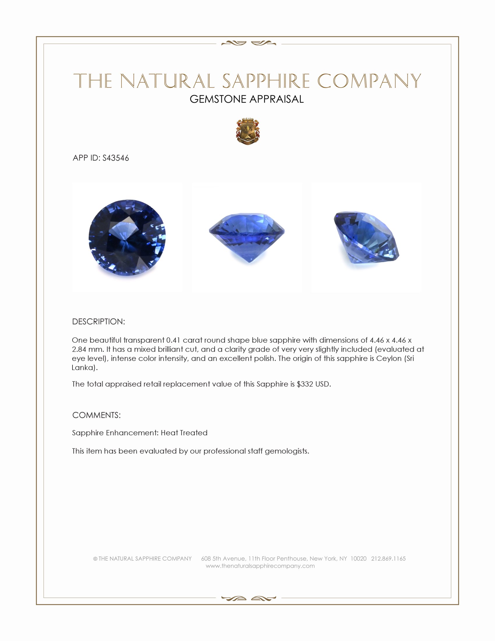 0.41 Ct. Blue Sapphire from Ceylon (Sri Lanka)