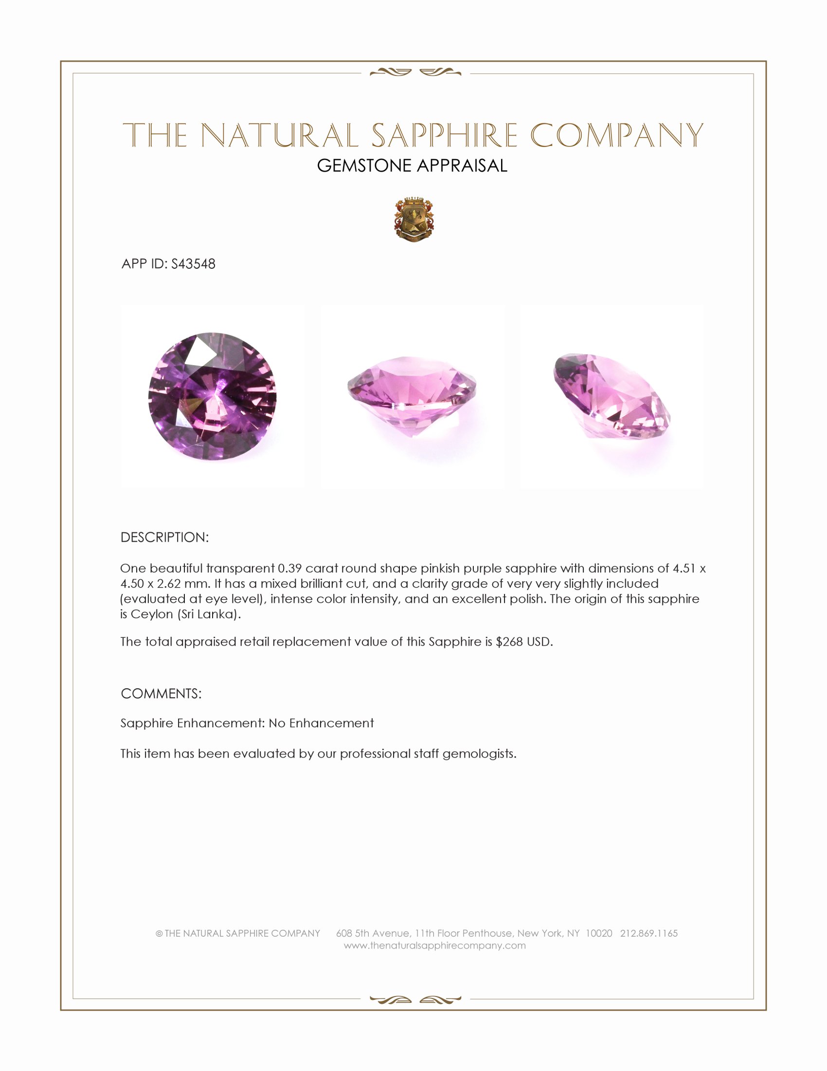 0.39 Ct. Pinkish Purple Sapphire from Ceylon (Sri Lanka)
