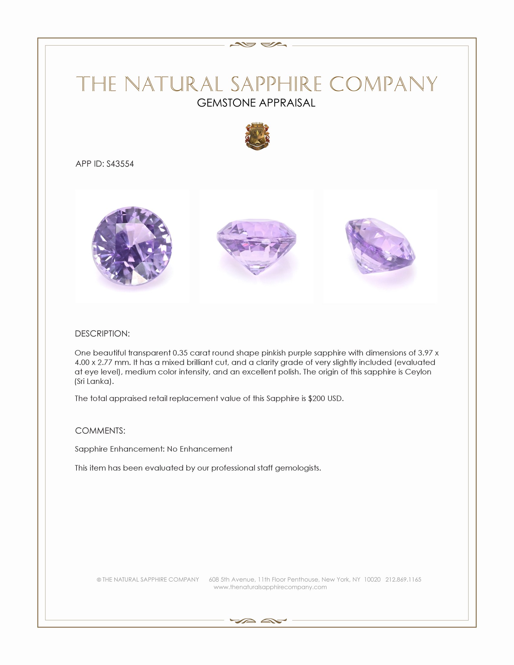 0.35 Ct. Pinkish Purple Sapphire from Ceylon (Sri Lanka)