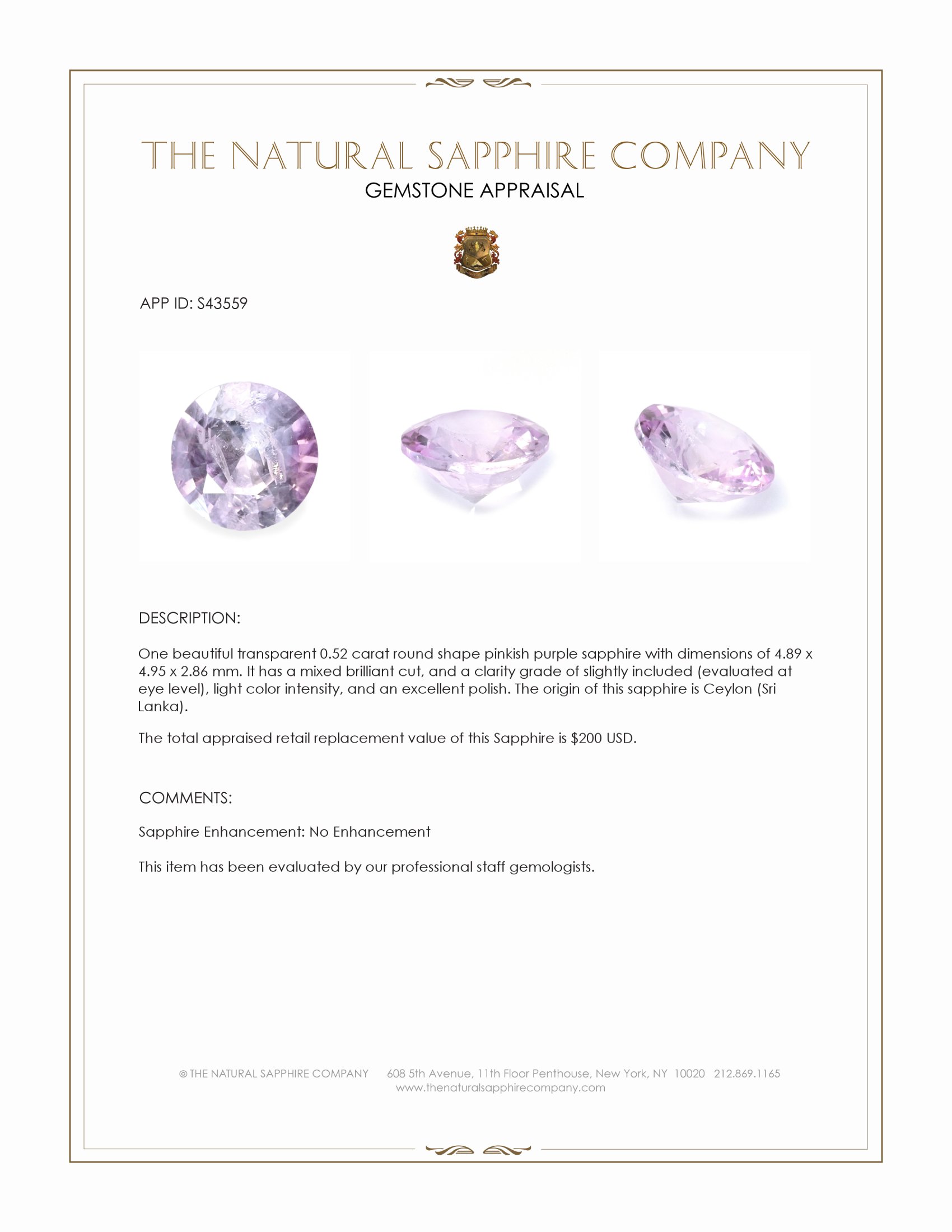 0.52 Ct. Pinkish Purple Sapphire from Ceylon (Sri Lanka)