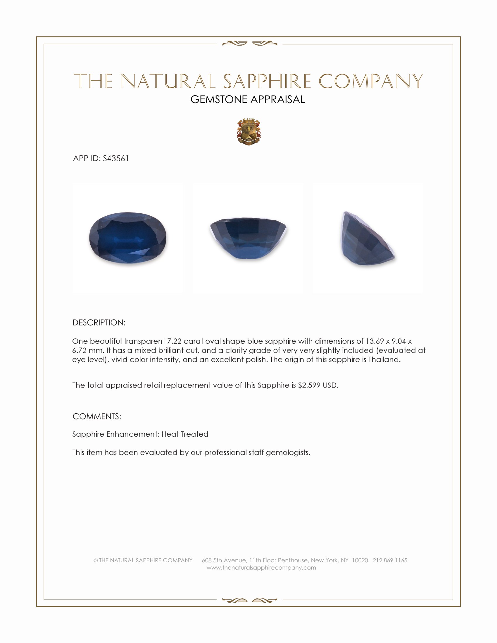 7.22 Ct. Blue Sapphire from Thailand