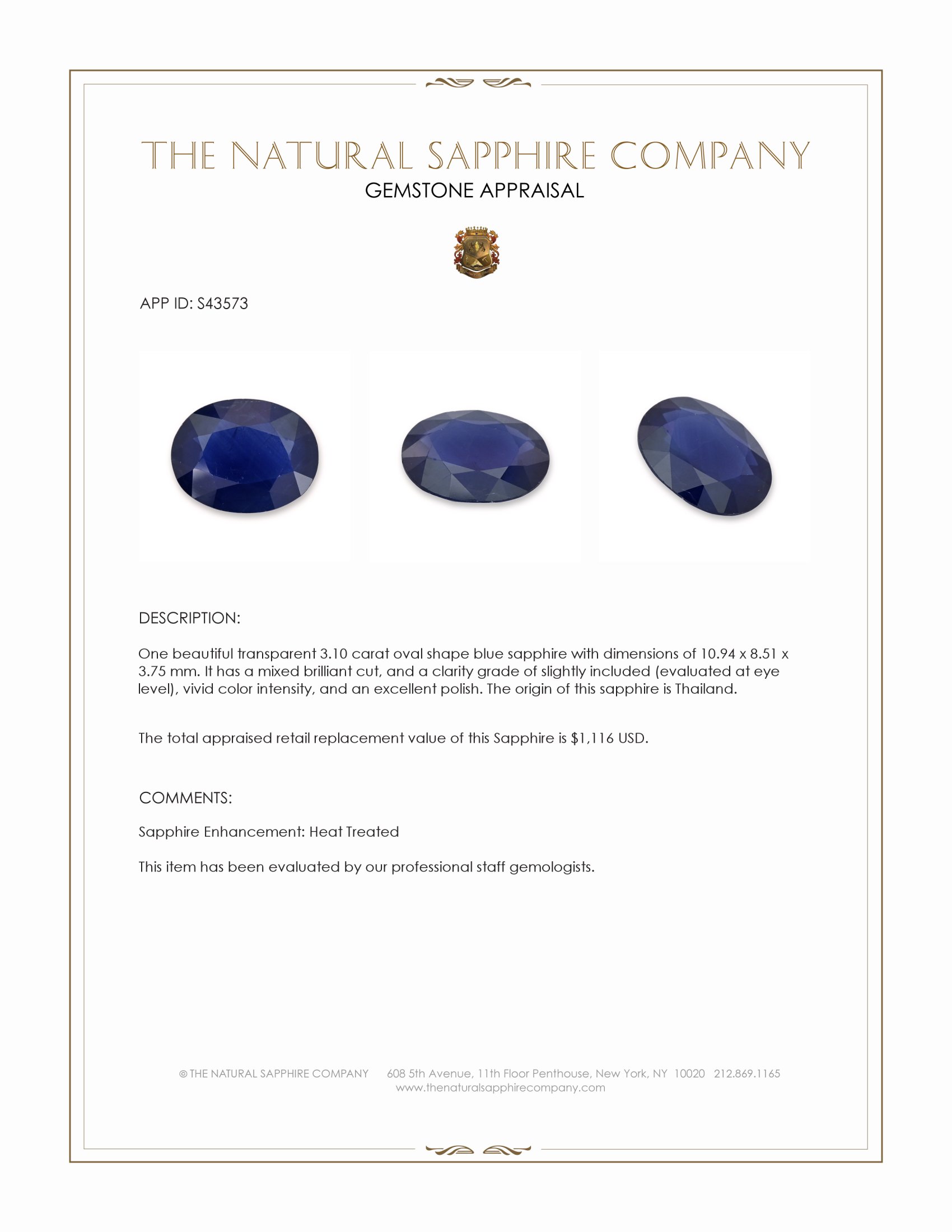 3.10 Ct. Blue Sapphire from Thailand