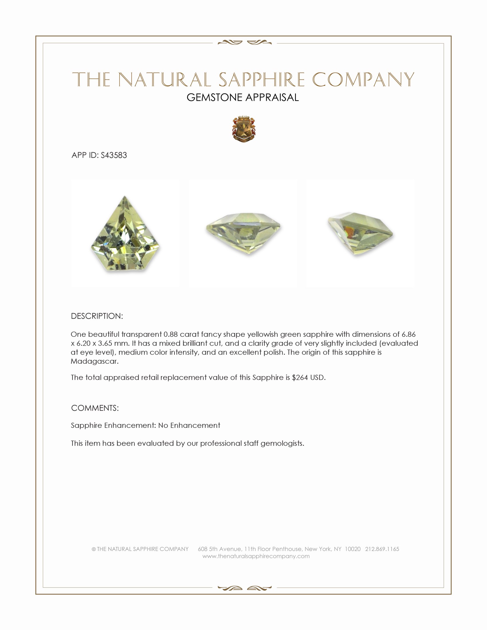 0.88 Ct. Yellowish Green Sapphire from Madagascar