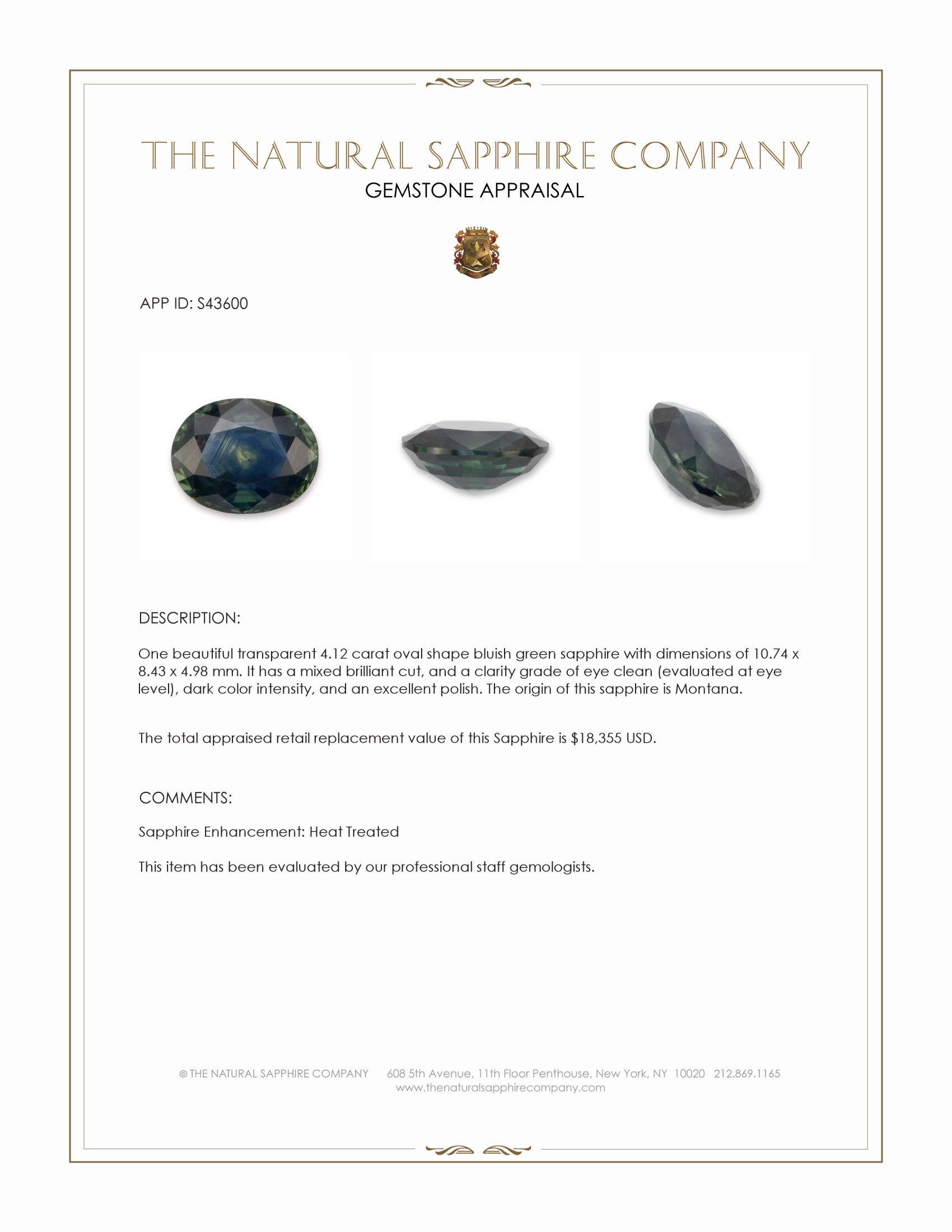 4.12 Ct. Bluish Green Sapphire from Montana