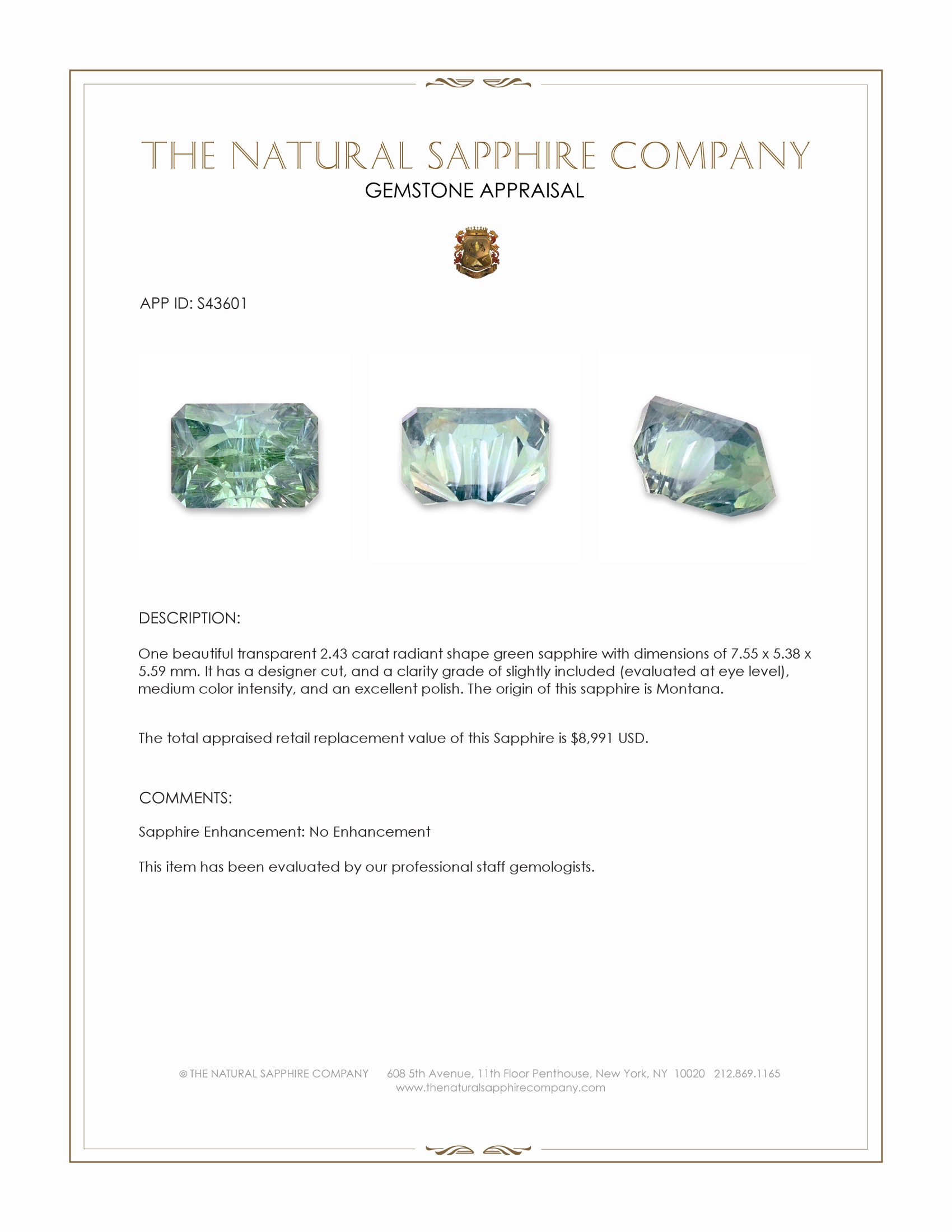 2.43 Ct. Green Sapphire from Montana