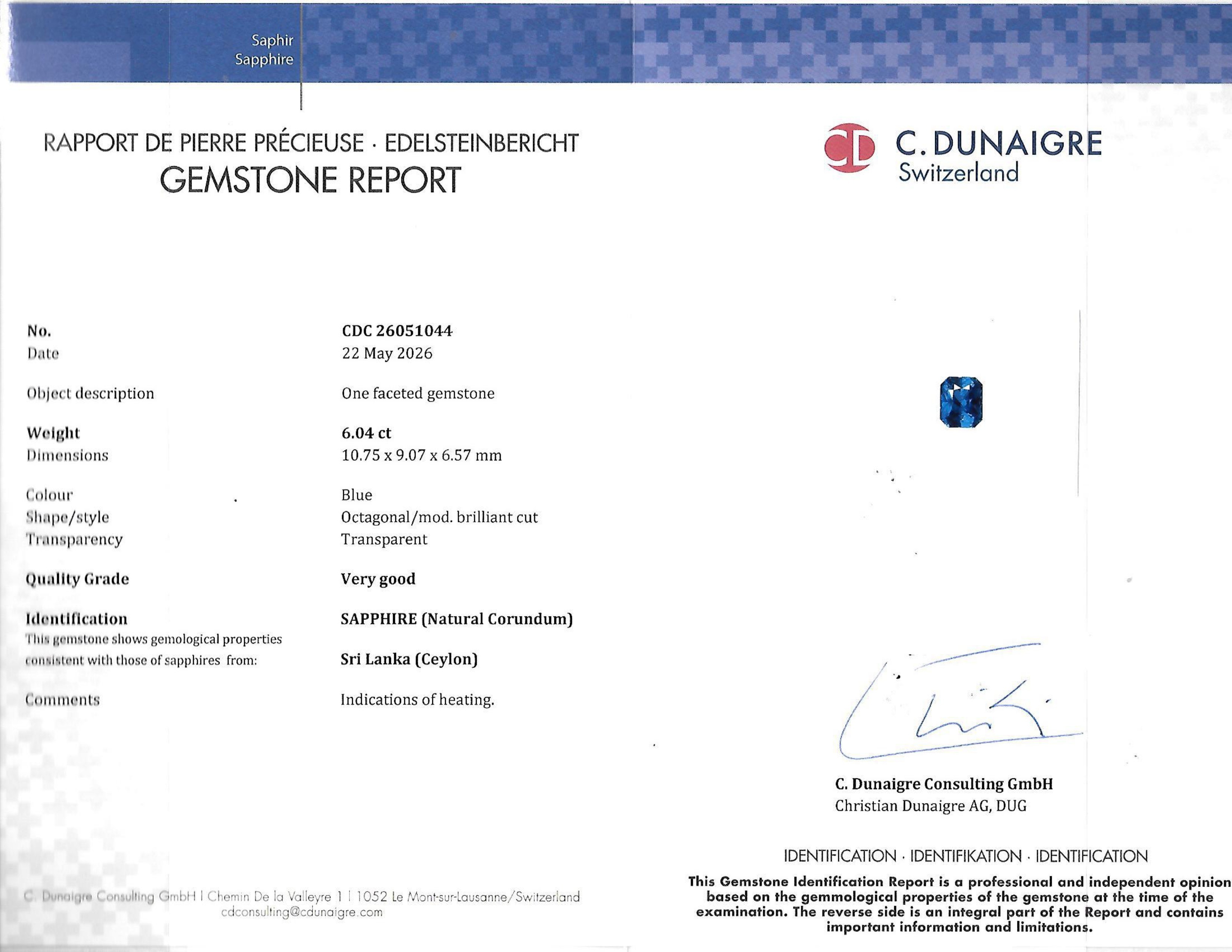 6.05 Ct. Blue Sapphire from Ceylon (Sri Lanka)