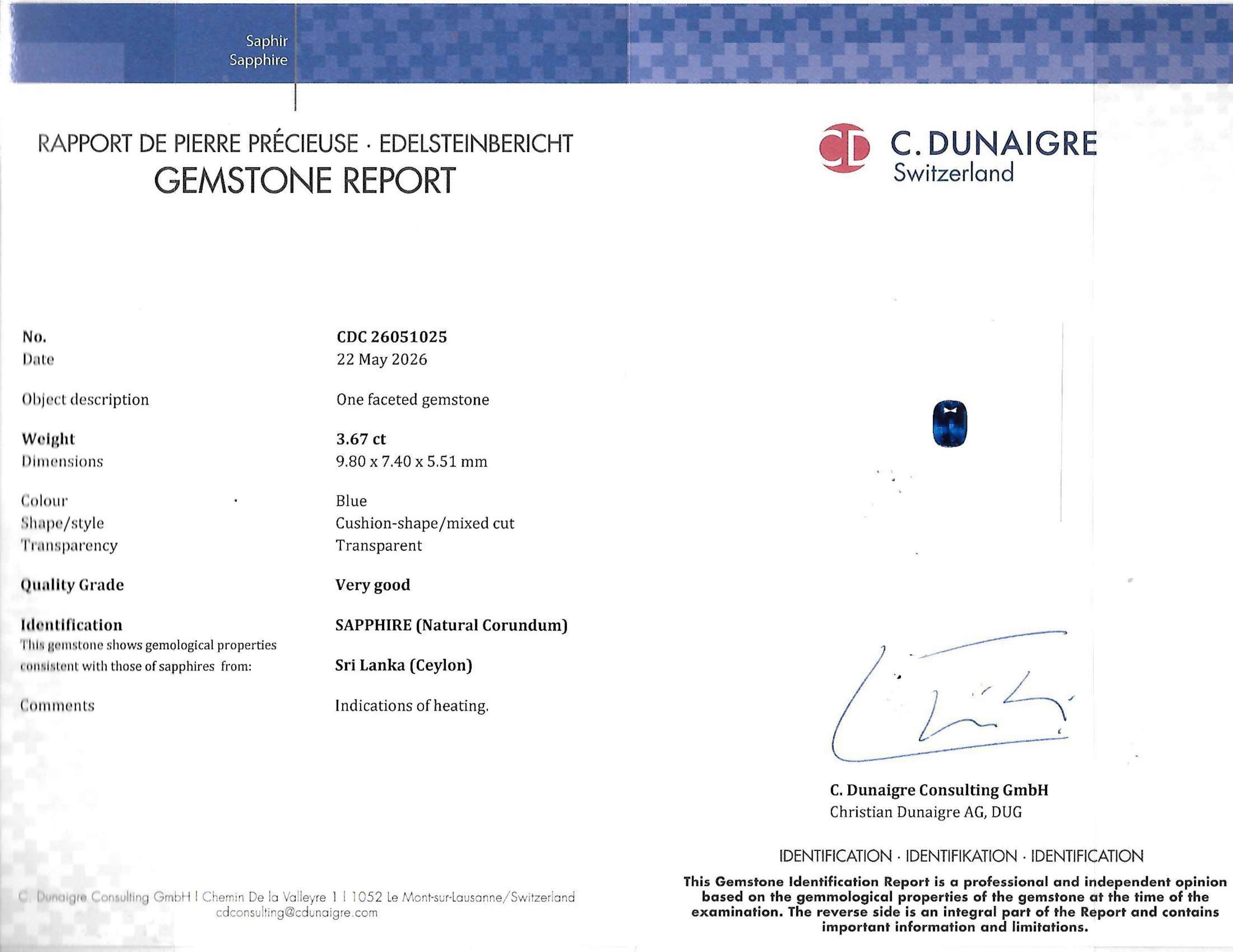 3.67 Ct. Blue Sapphire from Ceylon (Sri Lanka)