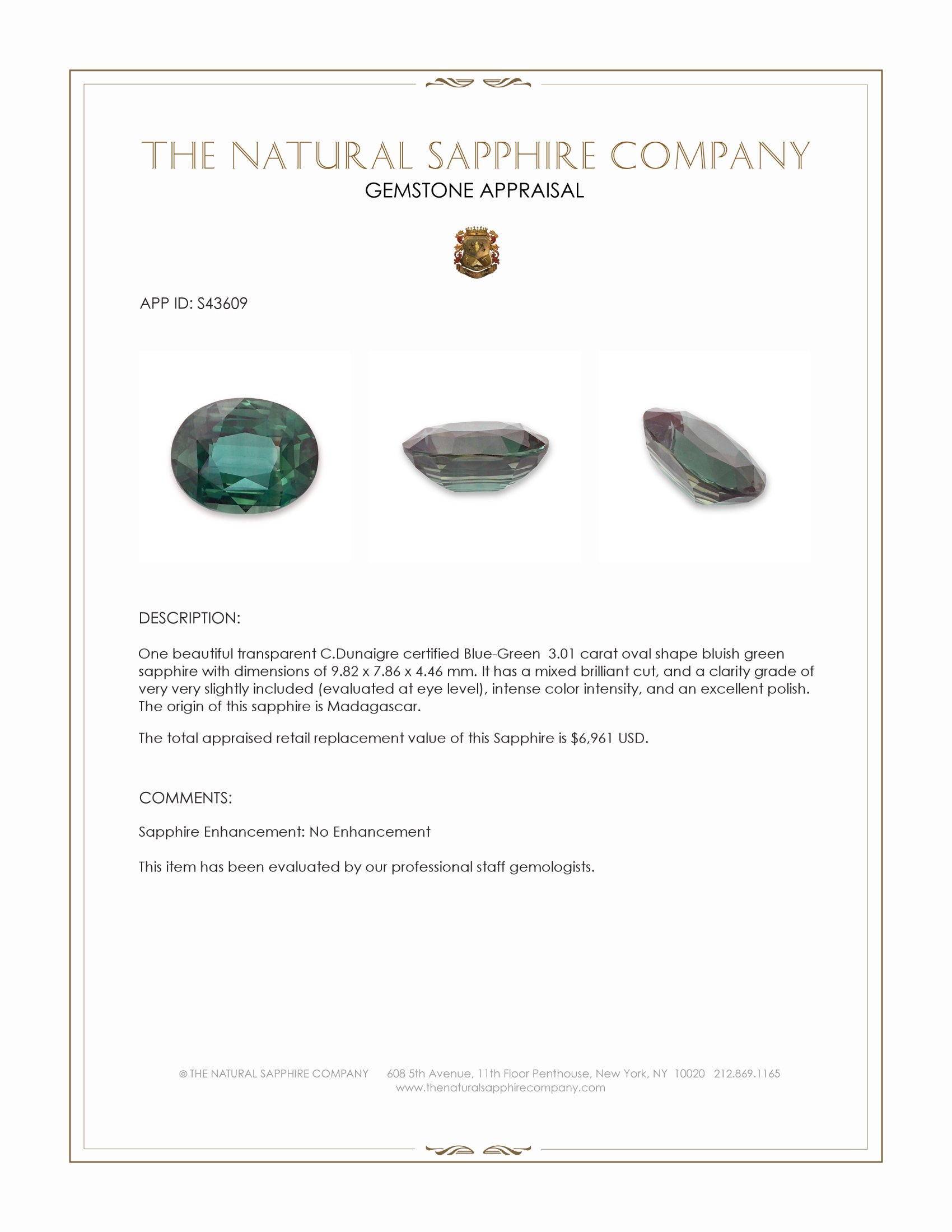 3.01 Ct. Bluish Green Sapphire from Madagascar